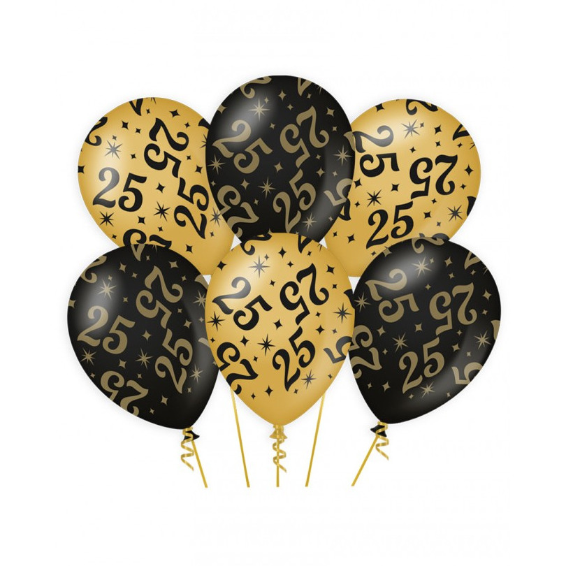 6x stuks leeftijd verjaardag feest ballonnen 25 jaar geworden zwart-goud 30 cm