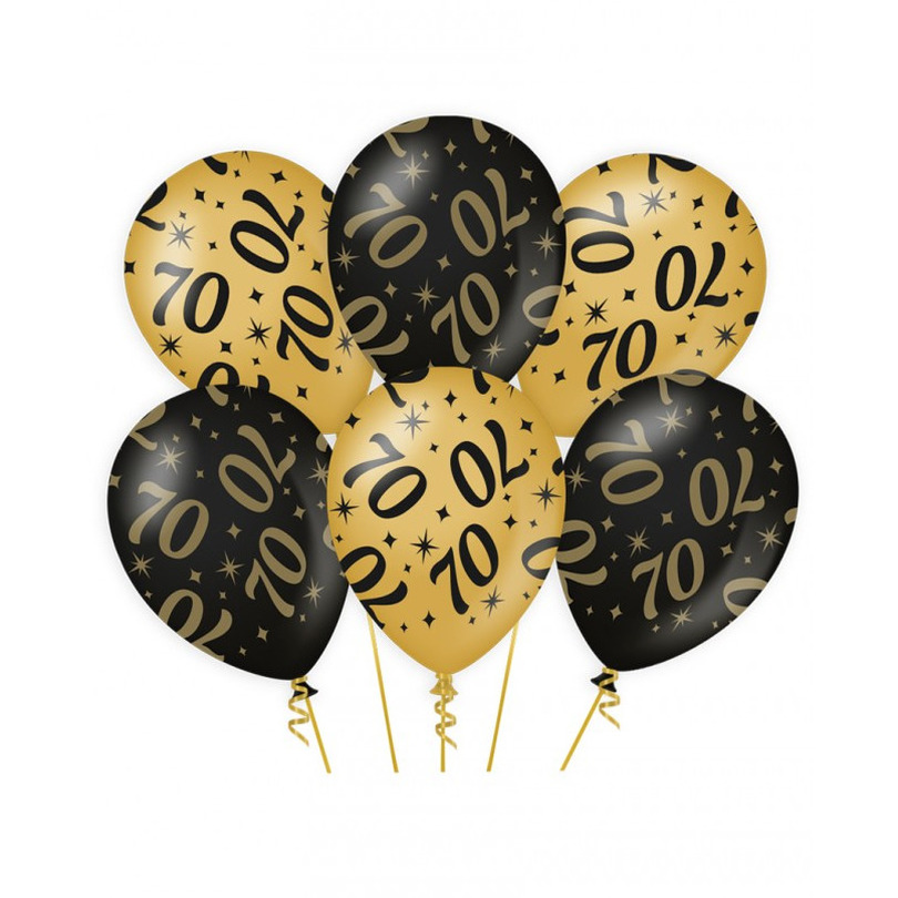 6x stuks leeftijd verjaardag feest ballonnen 70 jaar geworden zwart-goud 30 cm
