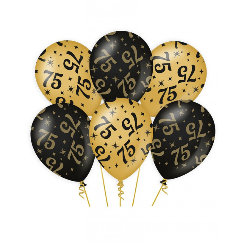 6x stuks leeftijd verjaardag feest ballonnen 75 jaar geworden zwart-goud 30 cm
