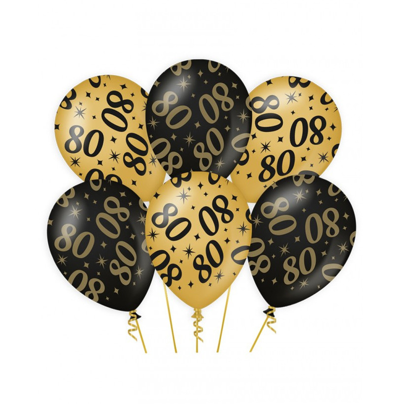 6x stuks leeftijd verjaardag feest ballonnen 80 jaar geworden zwart-goud 30 cm