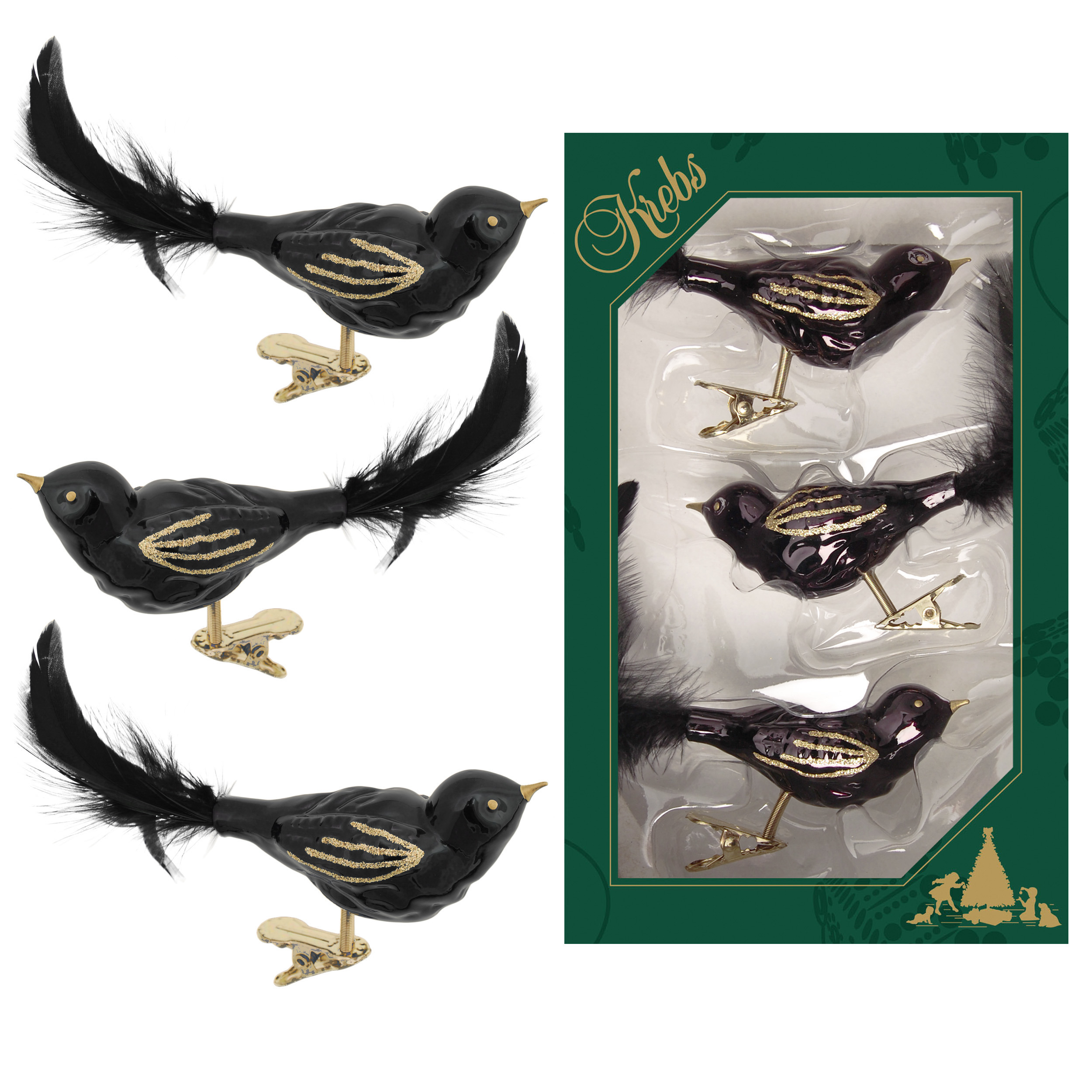 6x stuks luxe glazen decoratie vogels op clip zwart 11 cm