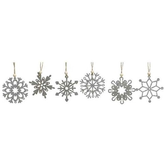 6x stuks zilveren sneeuwvlokken hangers