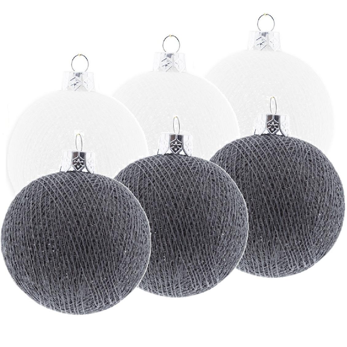 6x Wit-grijze Cotton Balls kerstballen decoratie 6,5 cm