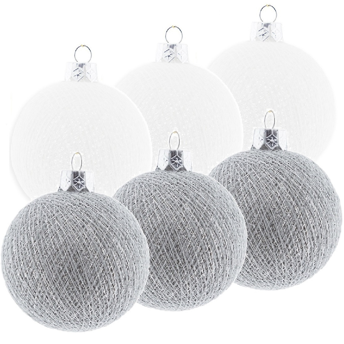6x Wit-zilveren Cotton Balls kerstballen decoratie 6,5 cm