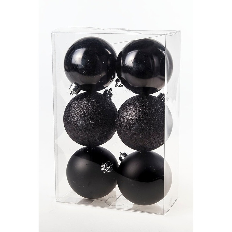 6x Zwarte kerstballen 8 cm kunststof mat-glans-glitter