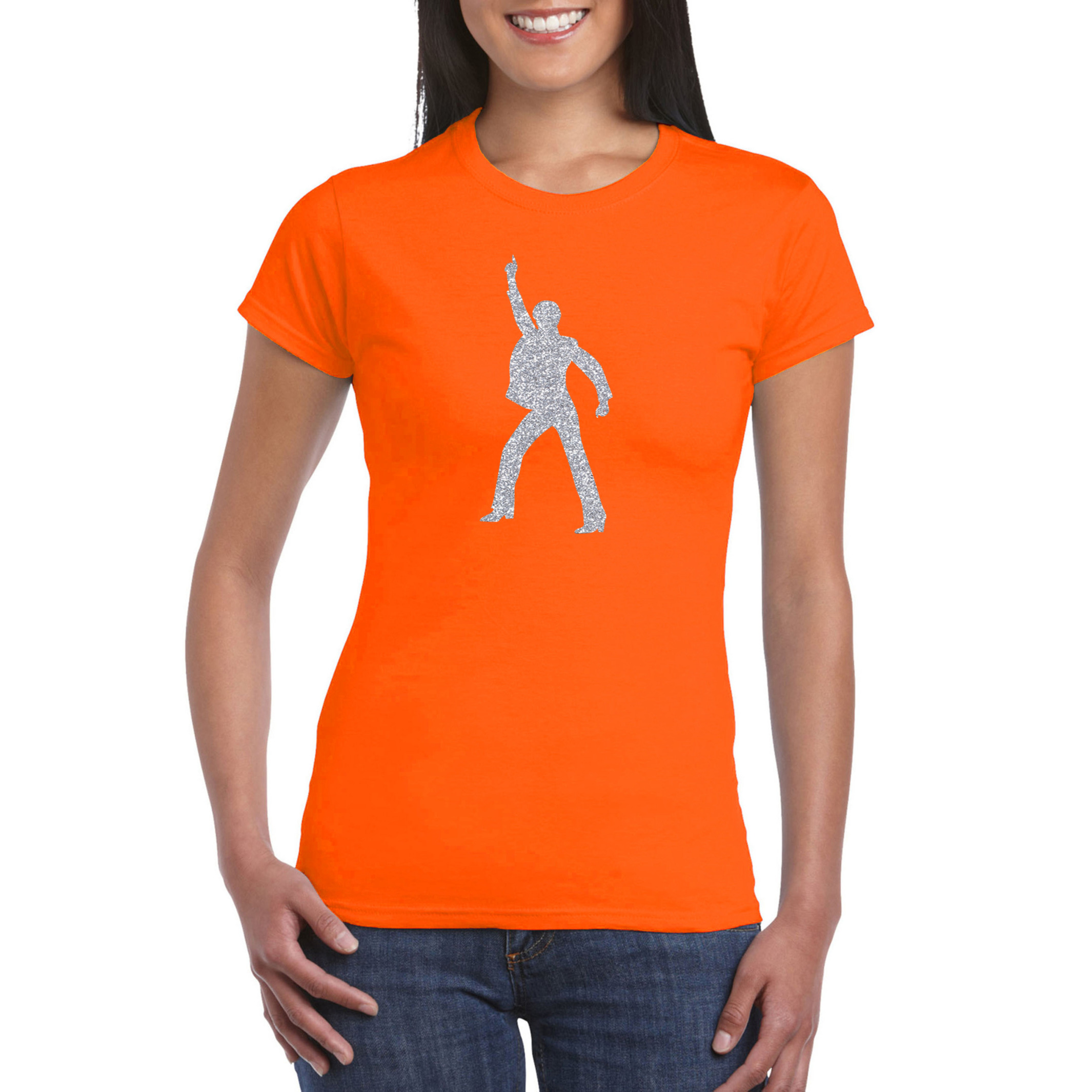 70s-80s disco t-shirt oranje voor dames