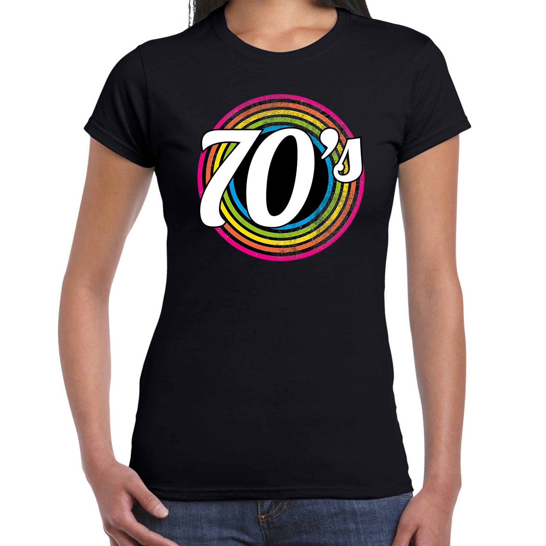 70s-seventies verkleed t-shirt zwart voor dames 70s, 80s party verkleed outfit