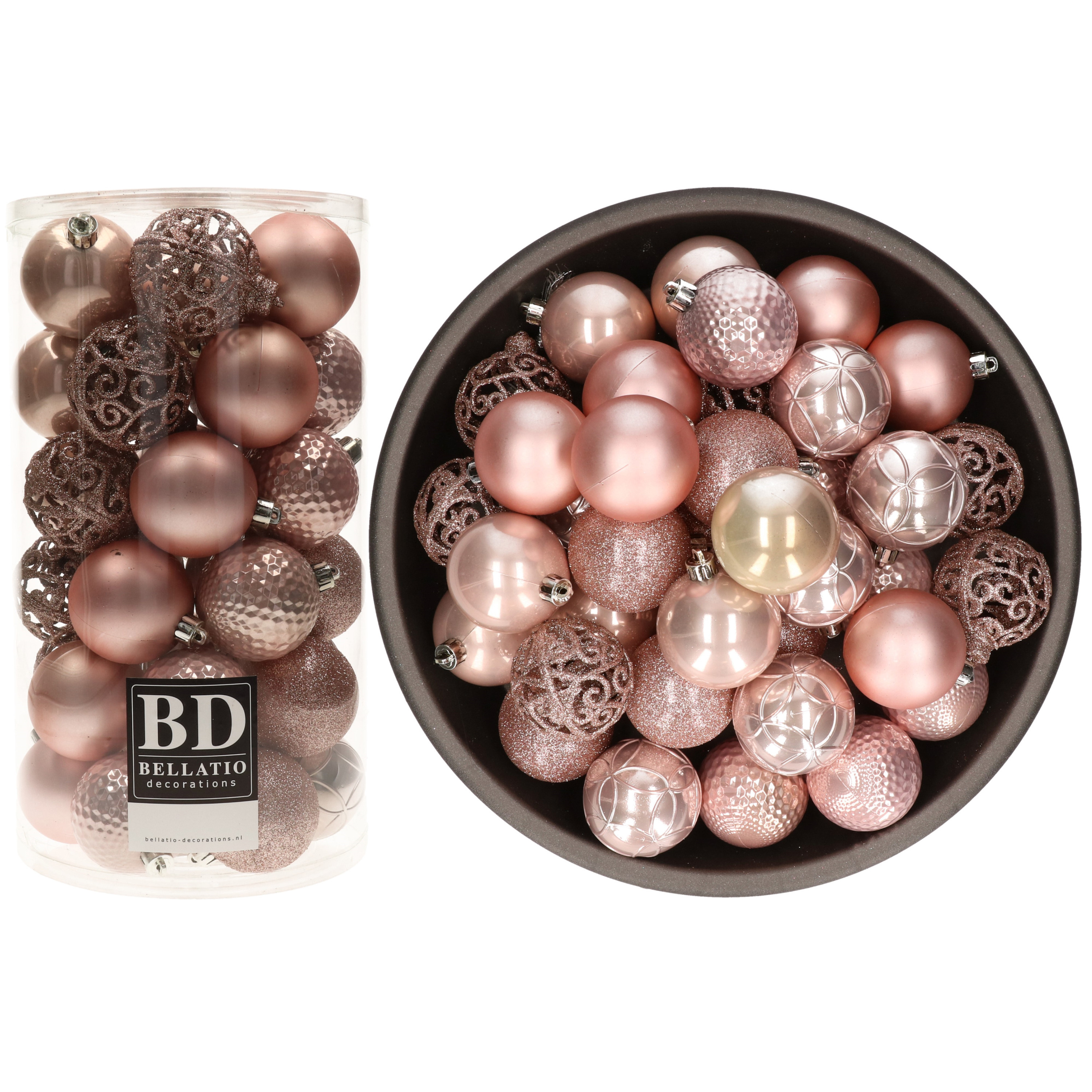 74x stuks kunststof kerstballen lichtroze (blush pink) 6 cm glans-mat-glitter mix