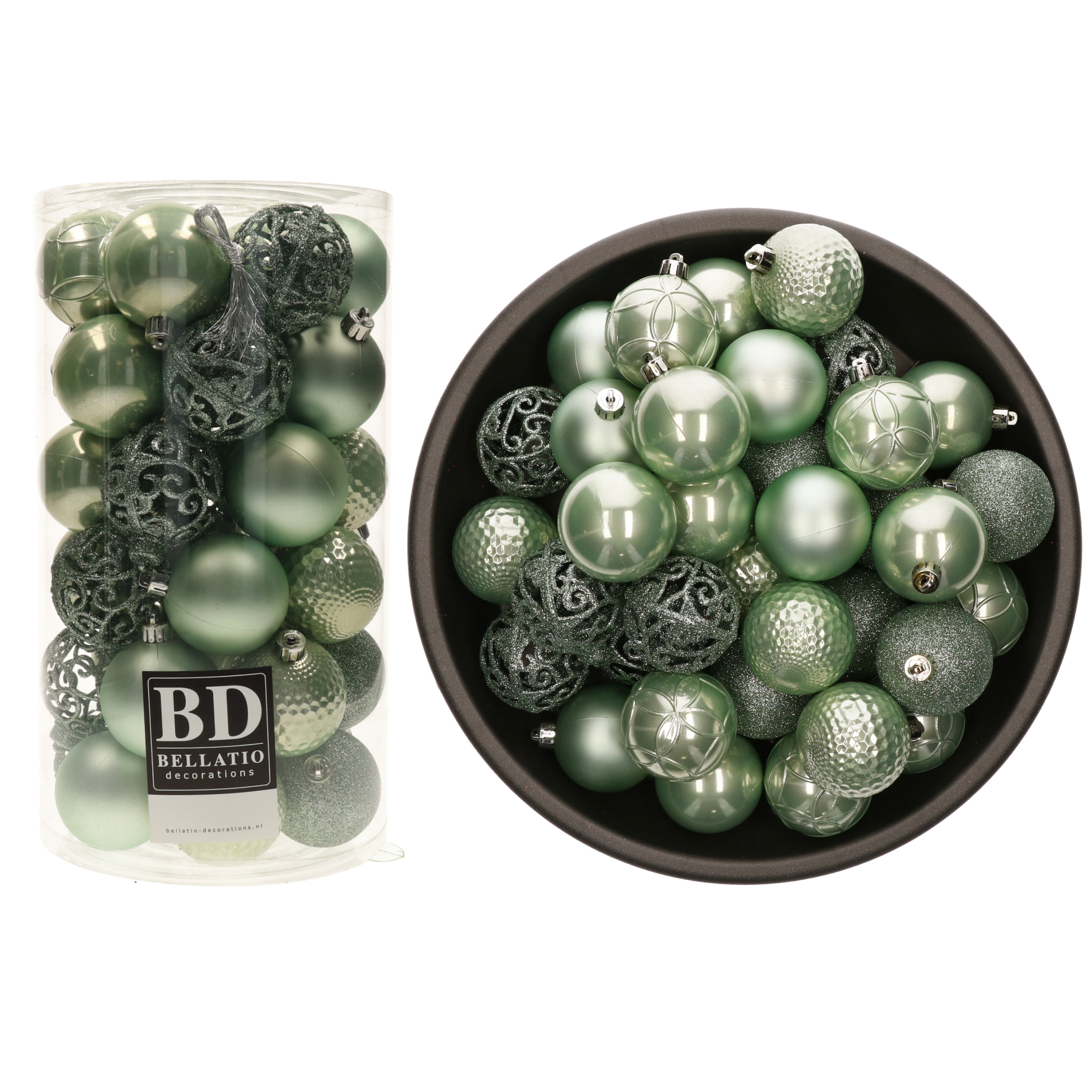 74x stuks kunststof kerstballen mintgroen (eucalyptus) 6 cm glans-mat-glitter mix