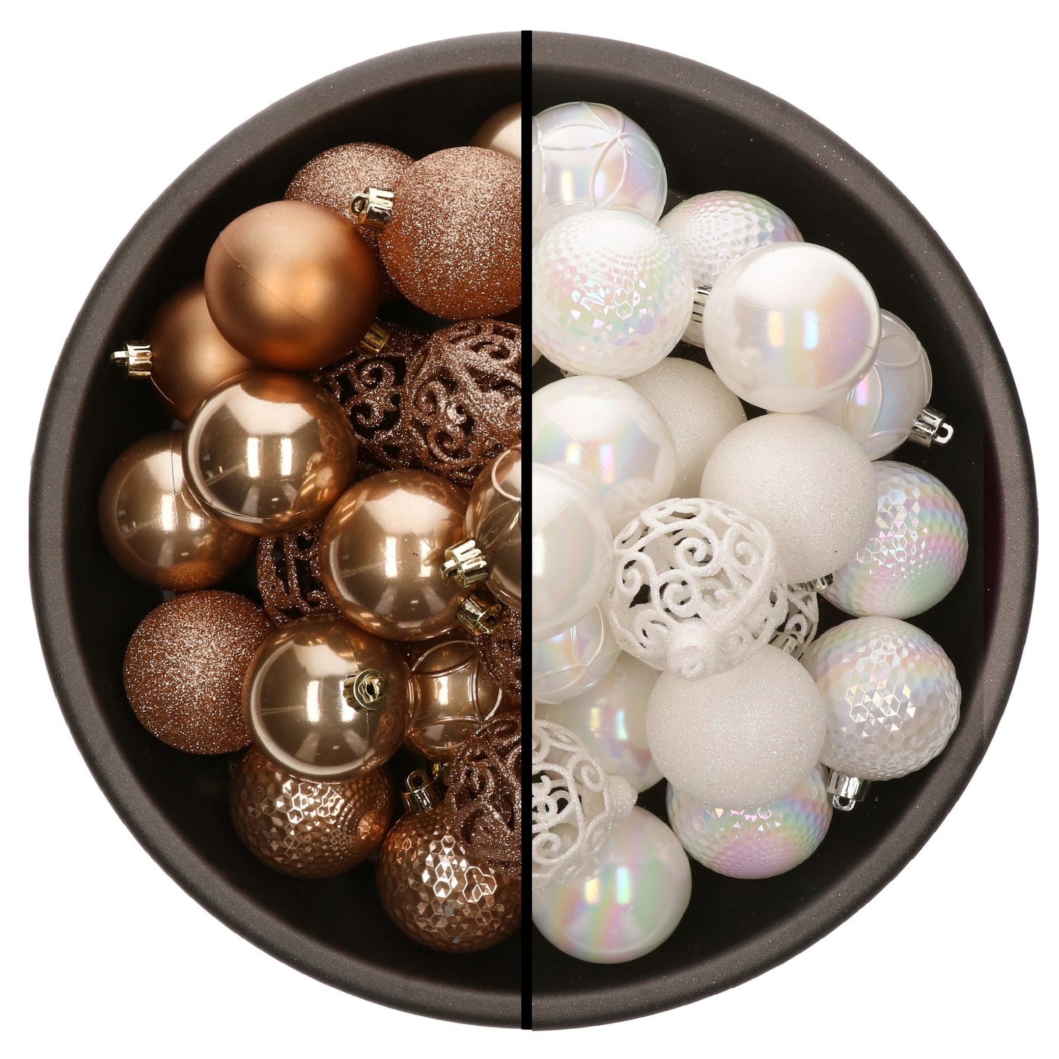 74x stuks kunststof kerstballen mix van camel bruin en parelmoer wit 6 cm