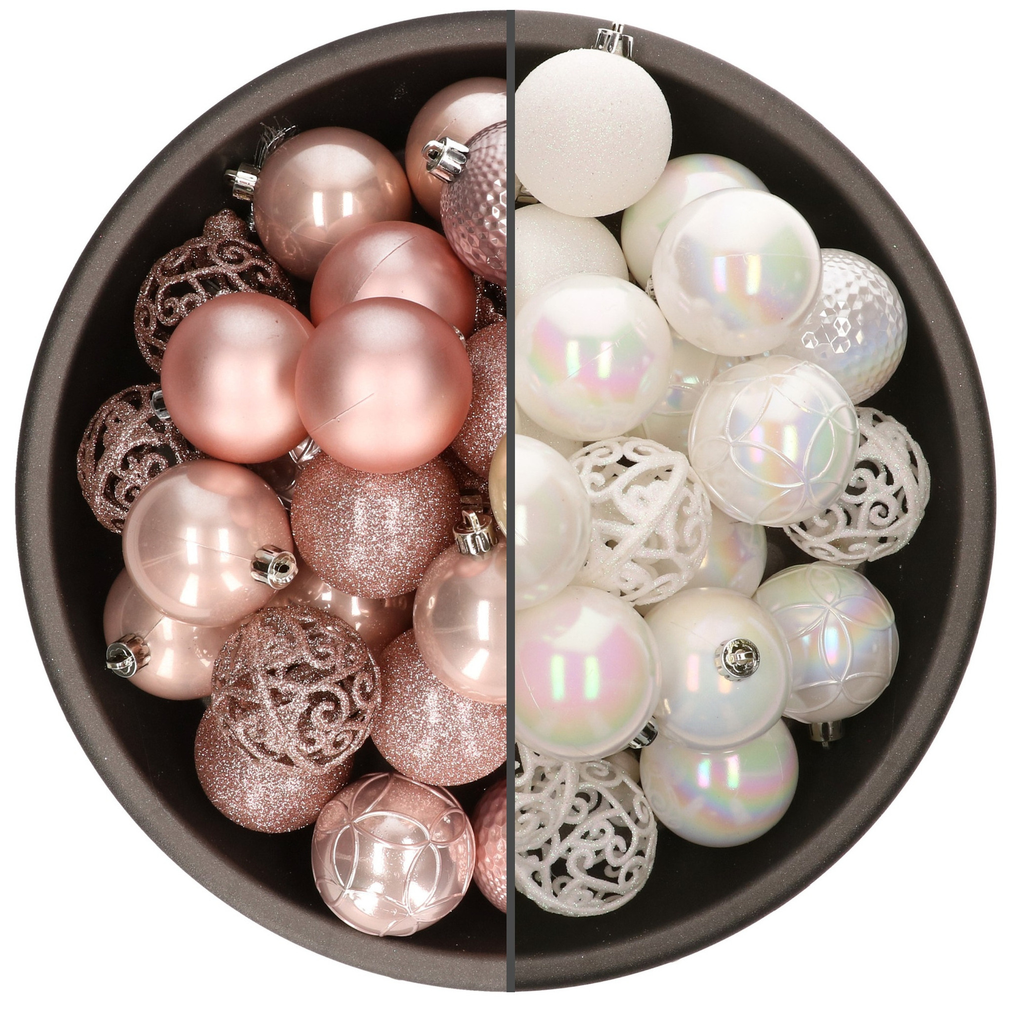 74x stuks kunststof kerstballen mix van lichtroze en parelmoer wit 6 cm