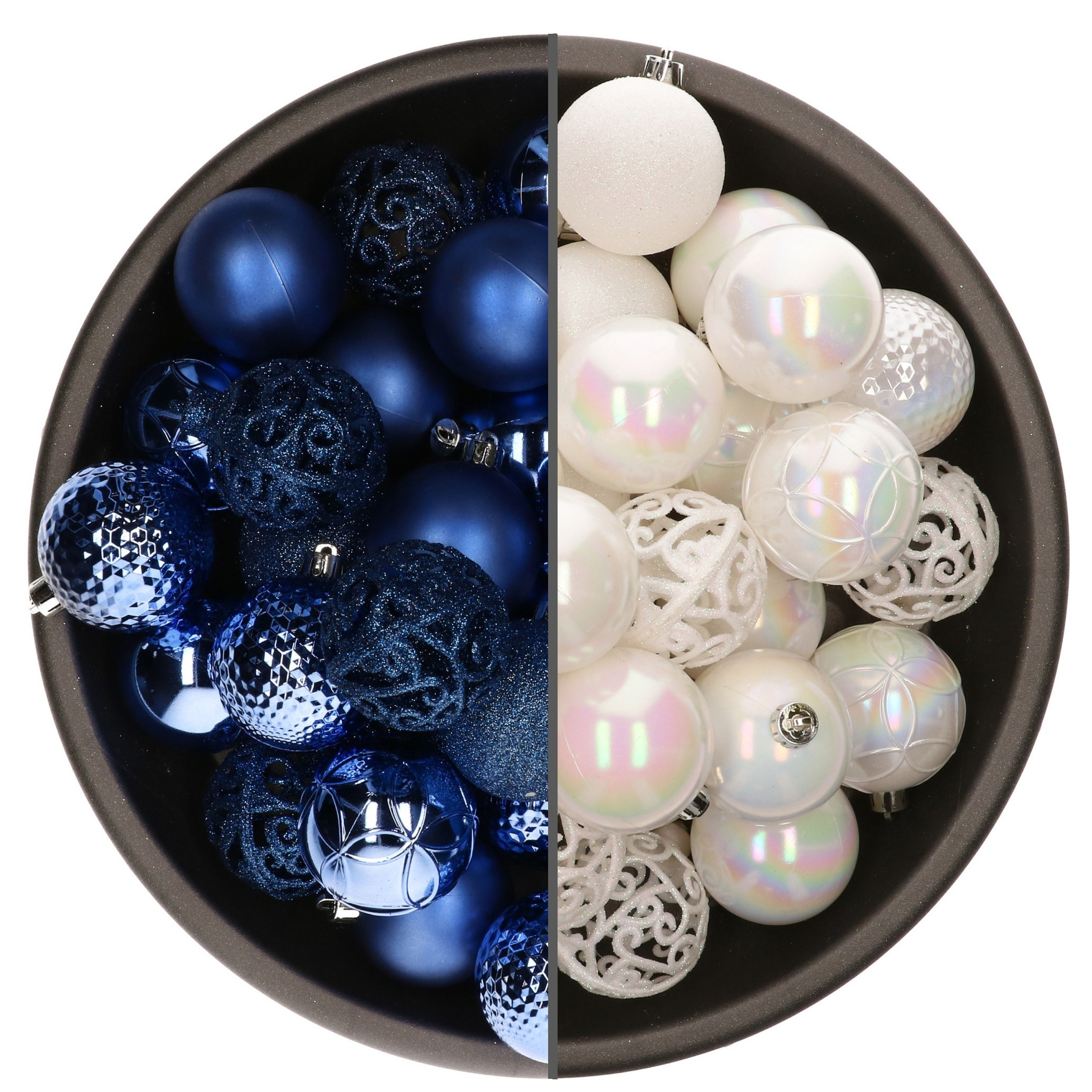 74x stuks kunststof kerstballen mix van parelmoer wit en kobalt blauw 6 cm