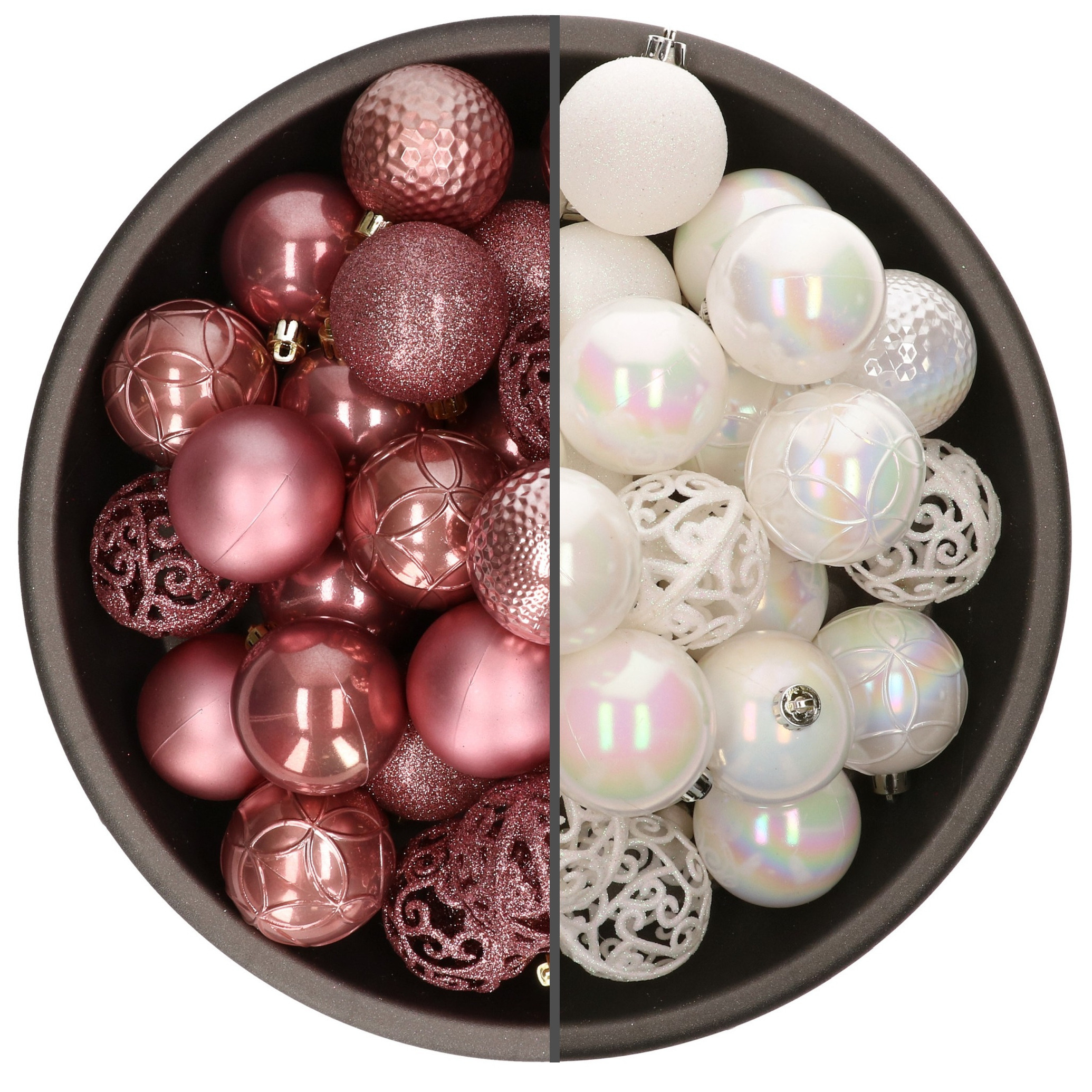74x stuks kunststof kerstballen mix van parelmoer wit en oudroze 6 cm