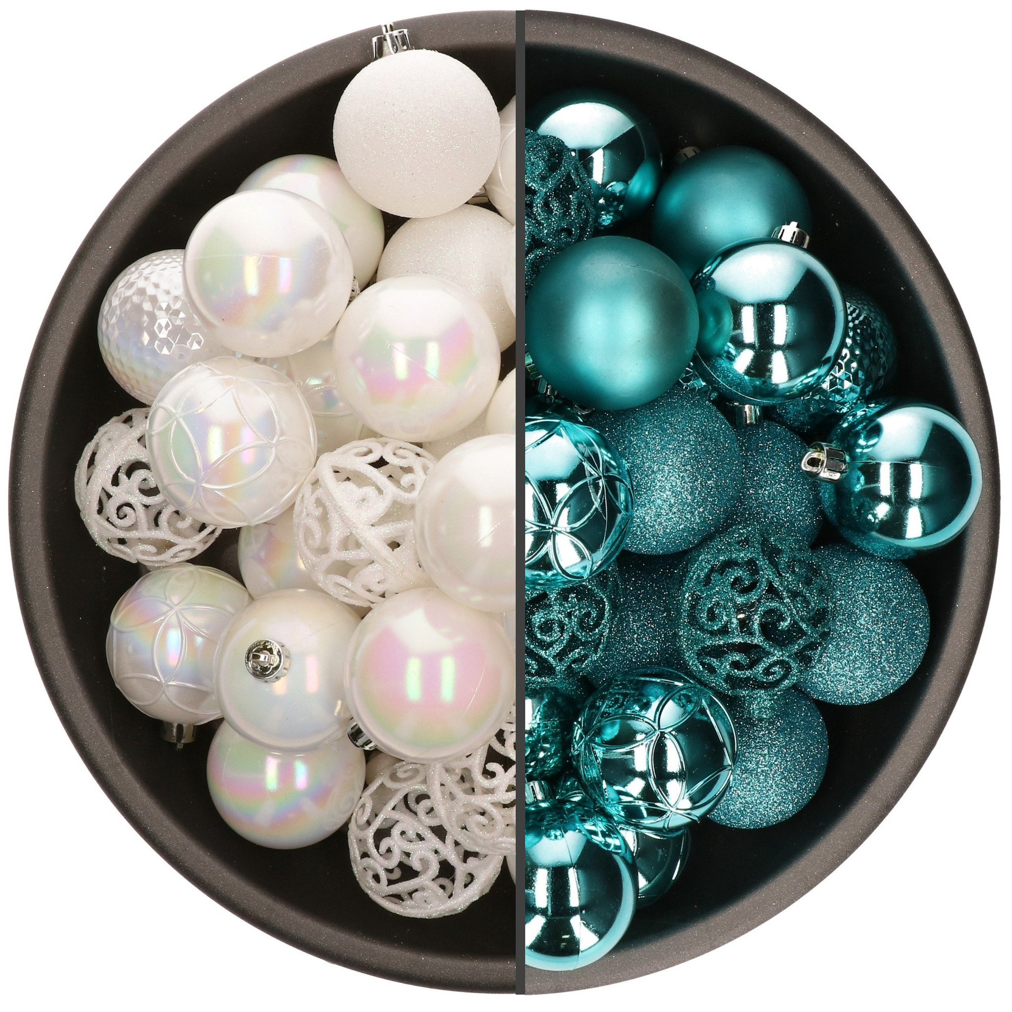 74x stuks kunststof kerstballen mix van parelmoer wit en turquoise blauw 6 cm