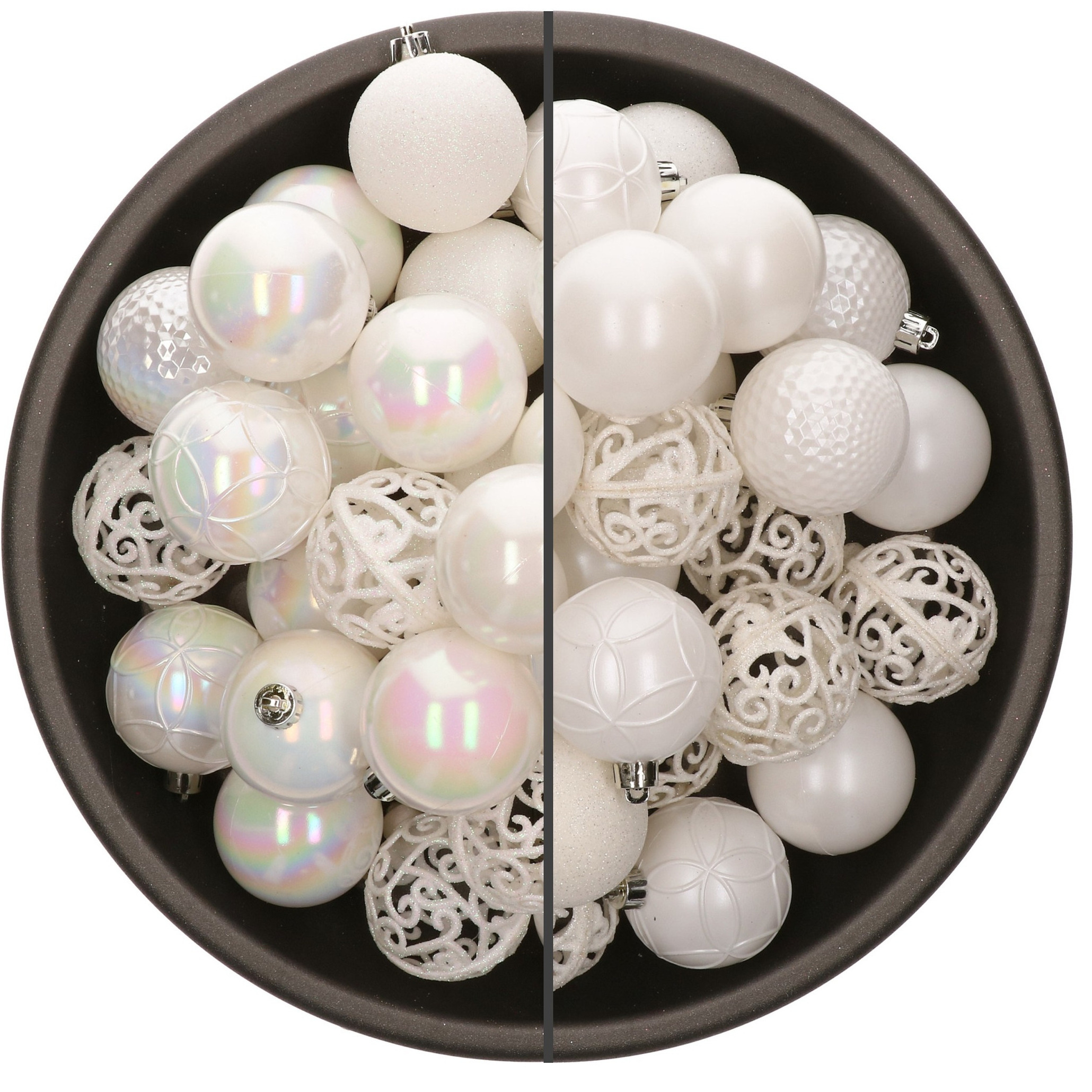 74x stuks kunststof kerstballen mix van parelmoer wit en wit 6 cm