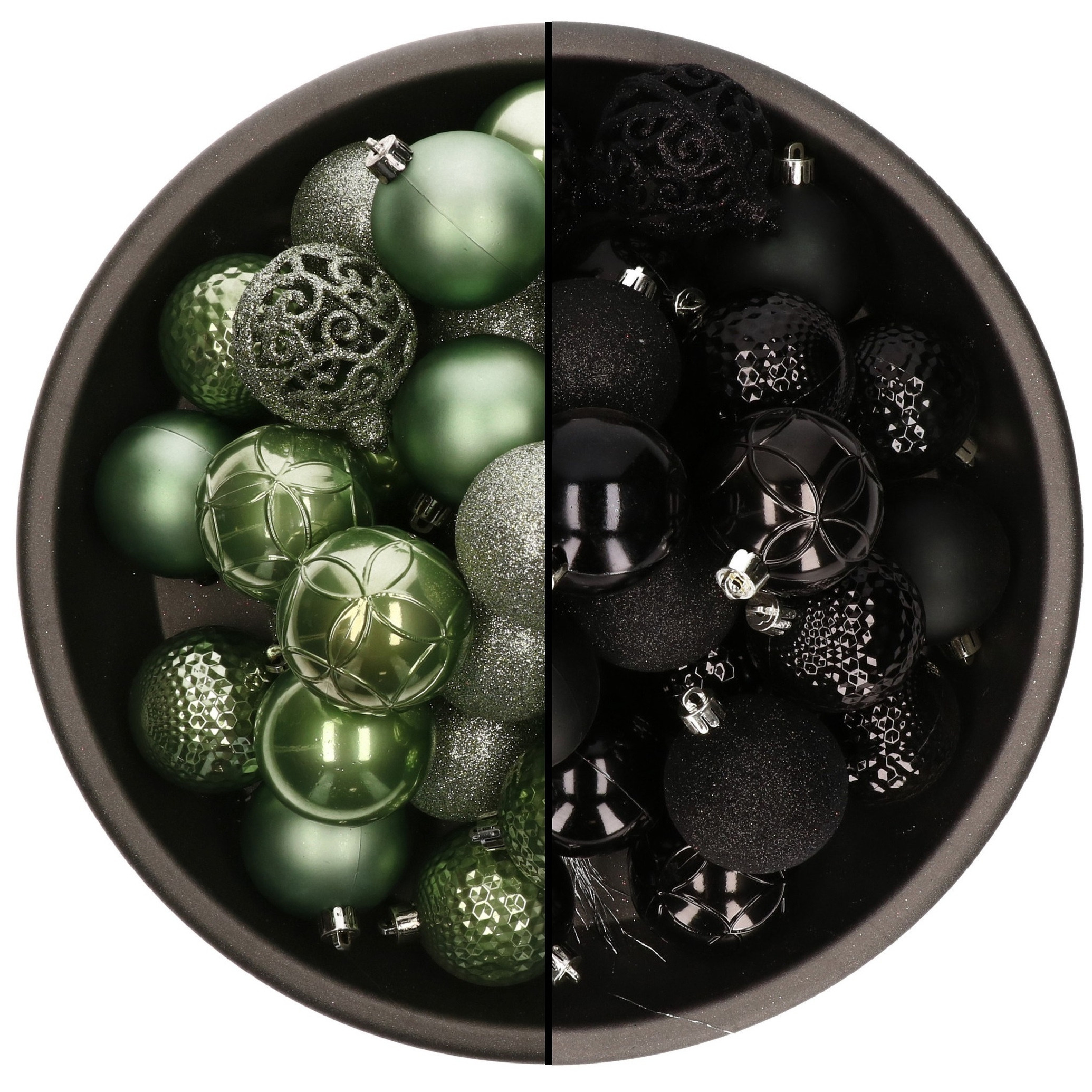 74x stuks kunststof kerstballen mix van salie groen en zwart 6 cm