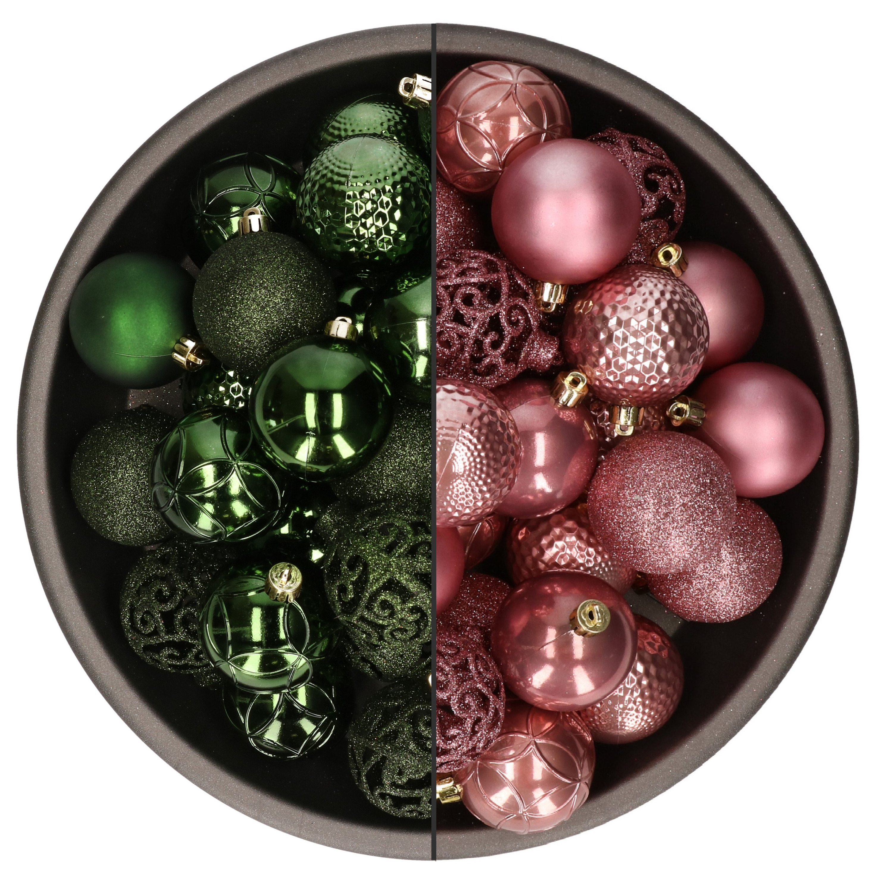74x stuks kunststof kerstballen mix van velvet roze en donkergroen 6 cm