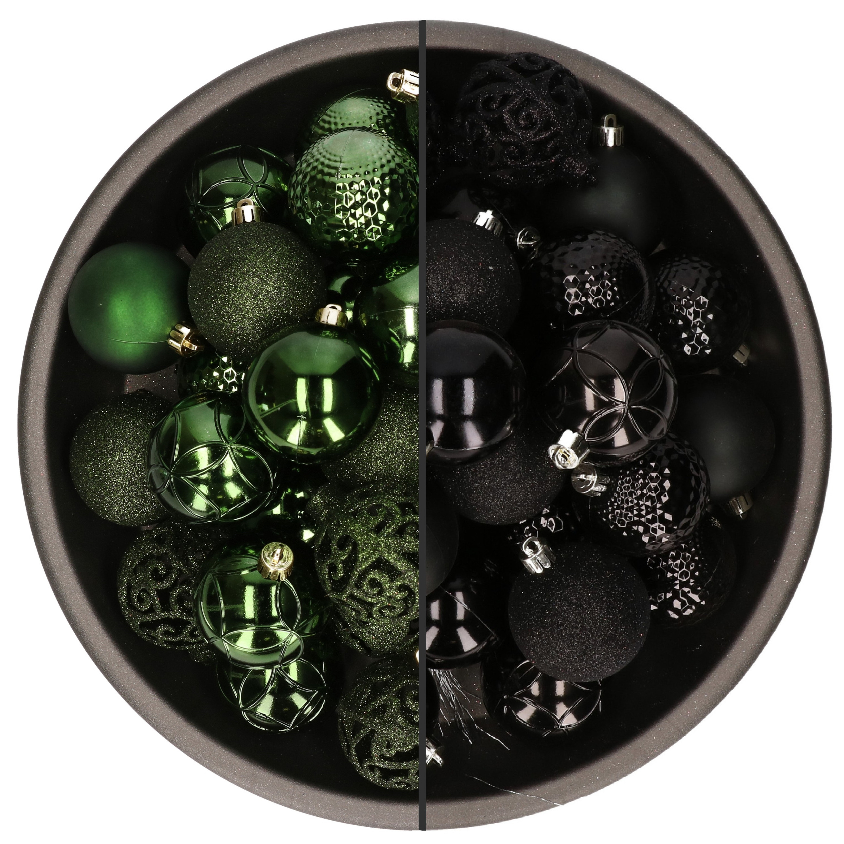 74x stuks kunststof kerstballen mix van zwart en donkergroen 6 cm