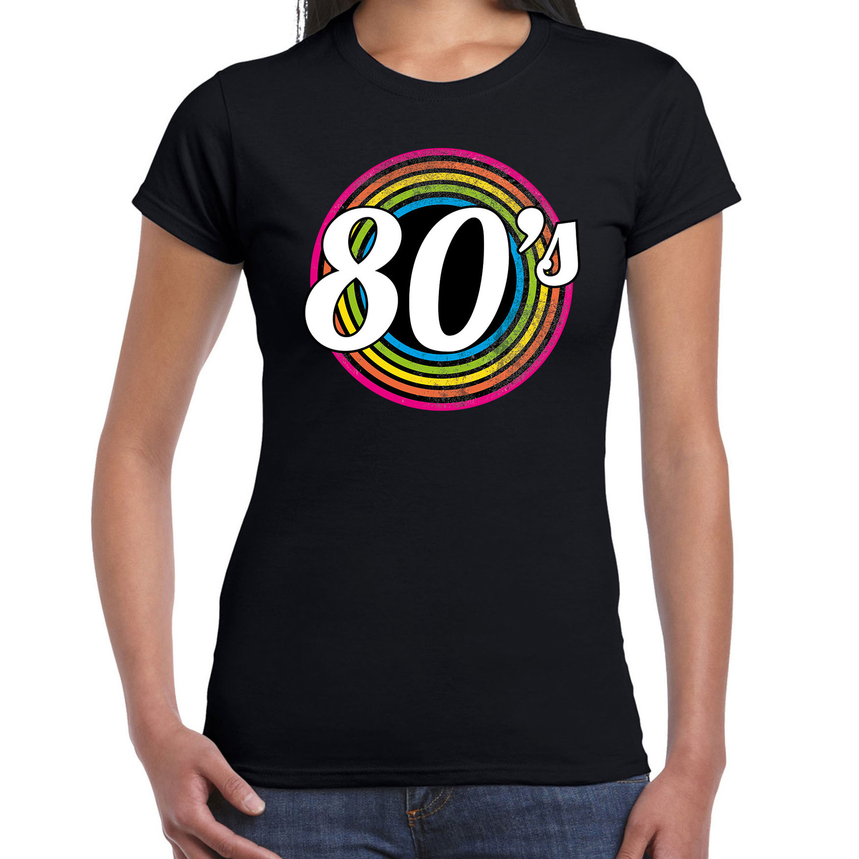 80s-eighties verkleed t-shirt zwart voor dames 70s, 80s party verkleed outfit