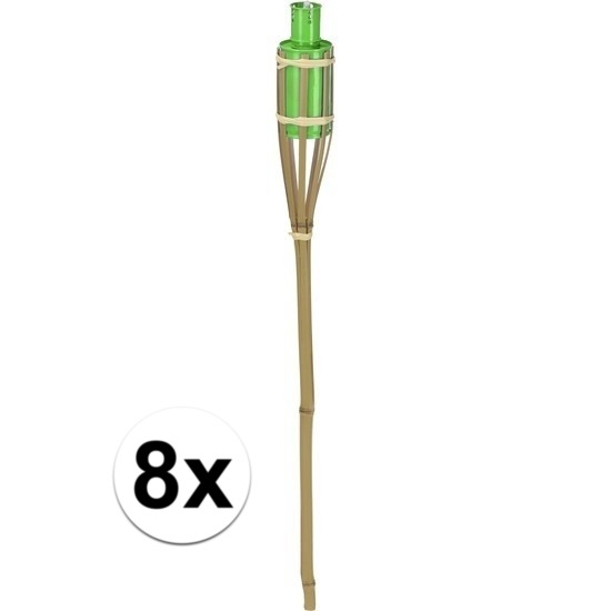 8x Tuin decoratie fakkel bamboe met groene tank 65 cm