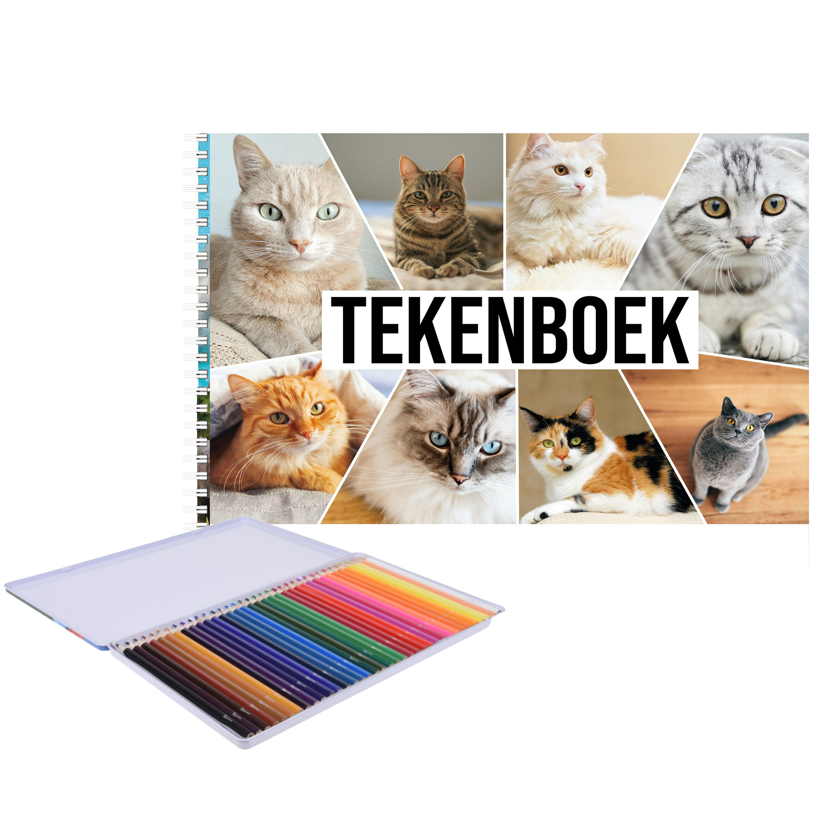 A4 formaat katten schetsboek- tekenboek- kleurboek- schetsblok wit papier met 36x kleurpotloden