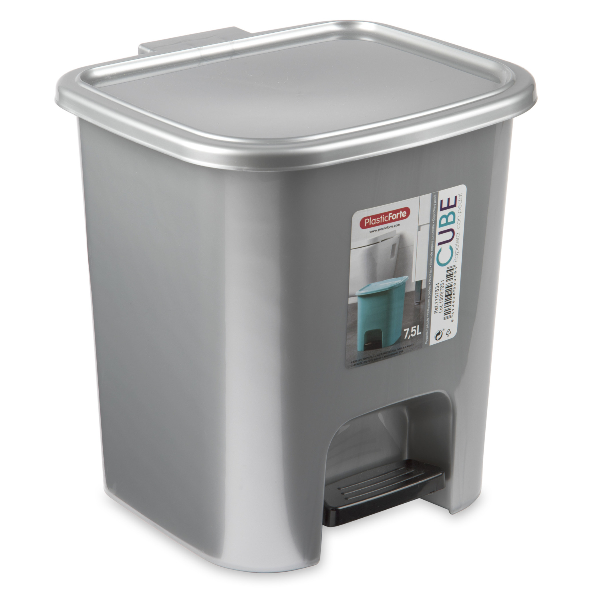 Afvalemmer-vuilnisemmer-pedaalemmer 7.5 liter met deksel en pedaal zilvergrijs