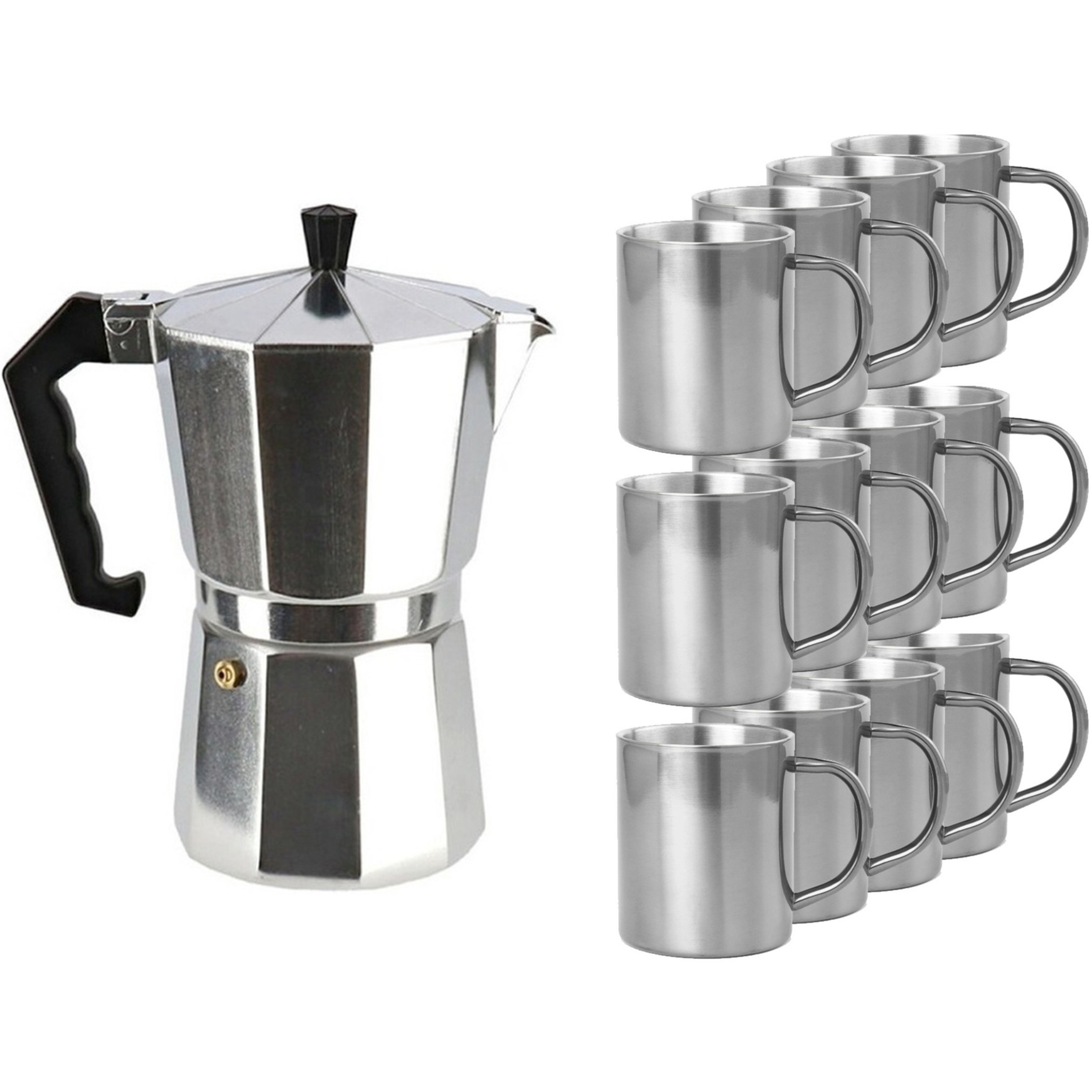 Aluminium moka-koffiemaker met 12x RVS kopjes