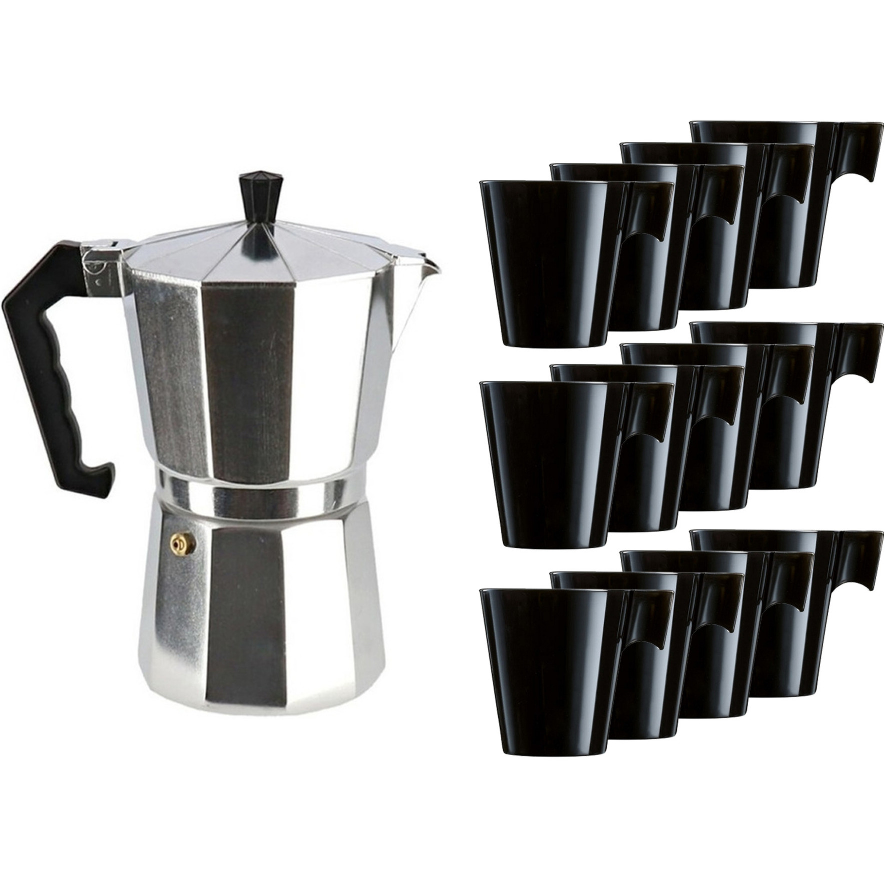 Aluminium moka-koffiemaker met 12x zwarte kopjes