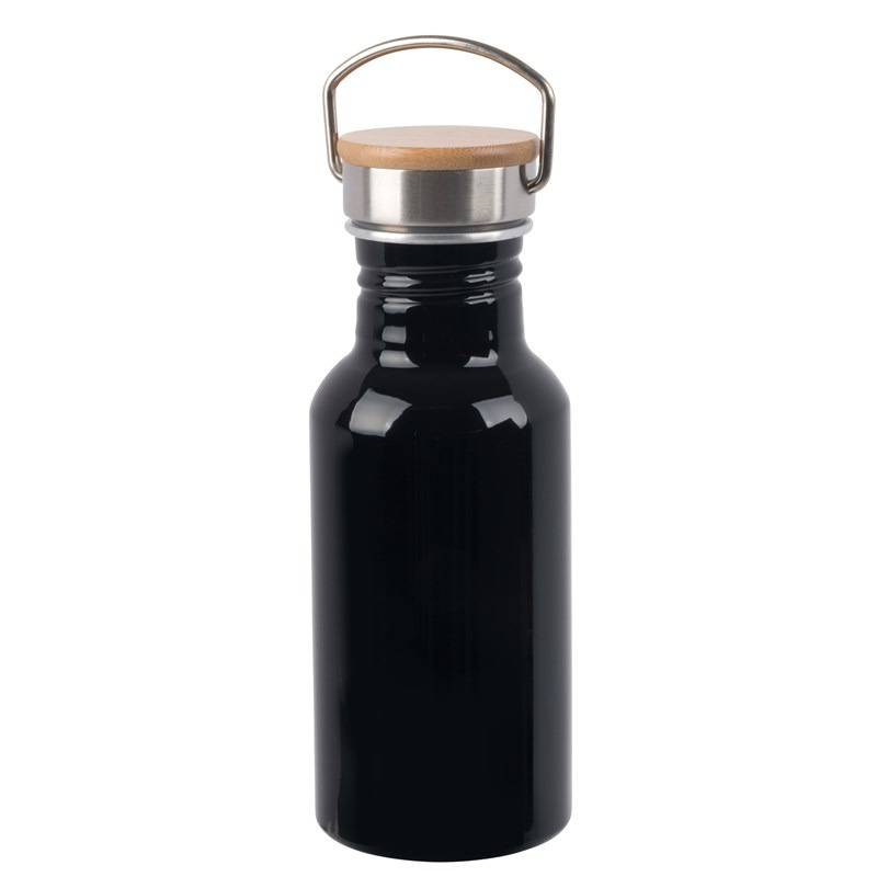 Aluminium waterfles-drinkfles zwart met bamboe schroefdop 550 ml