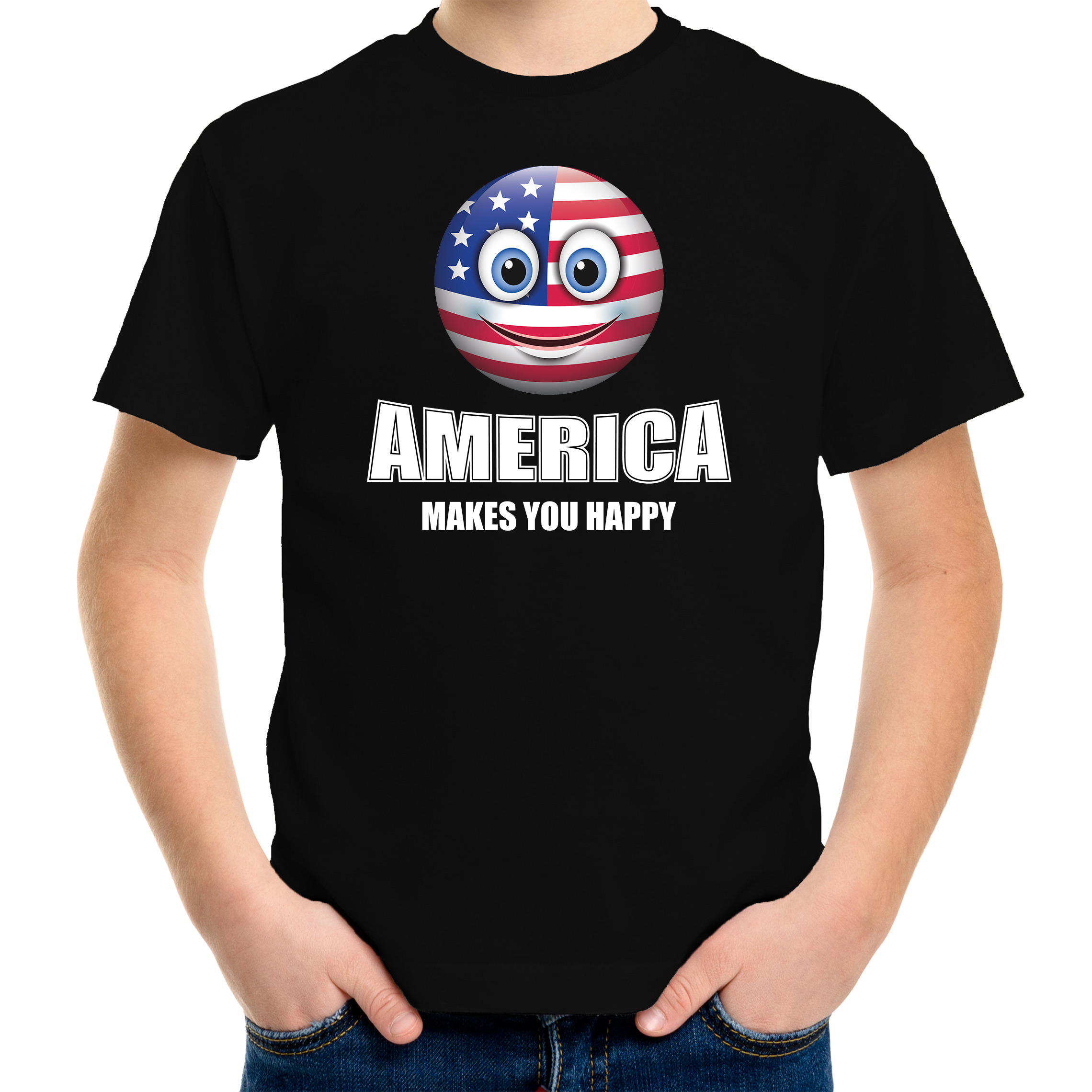 America makes you happy landen-vakantie shirt zwart voor kinderen met emoticon
