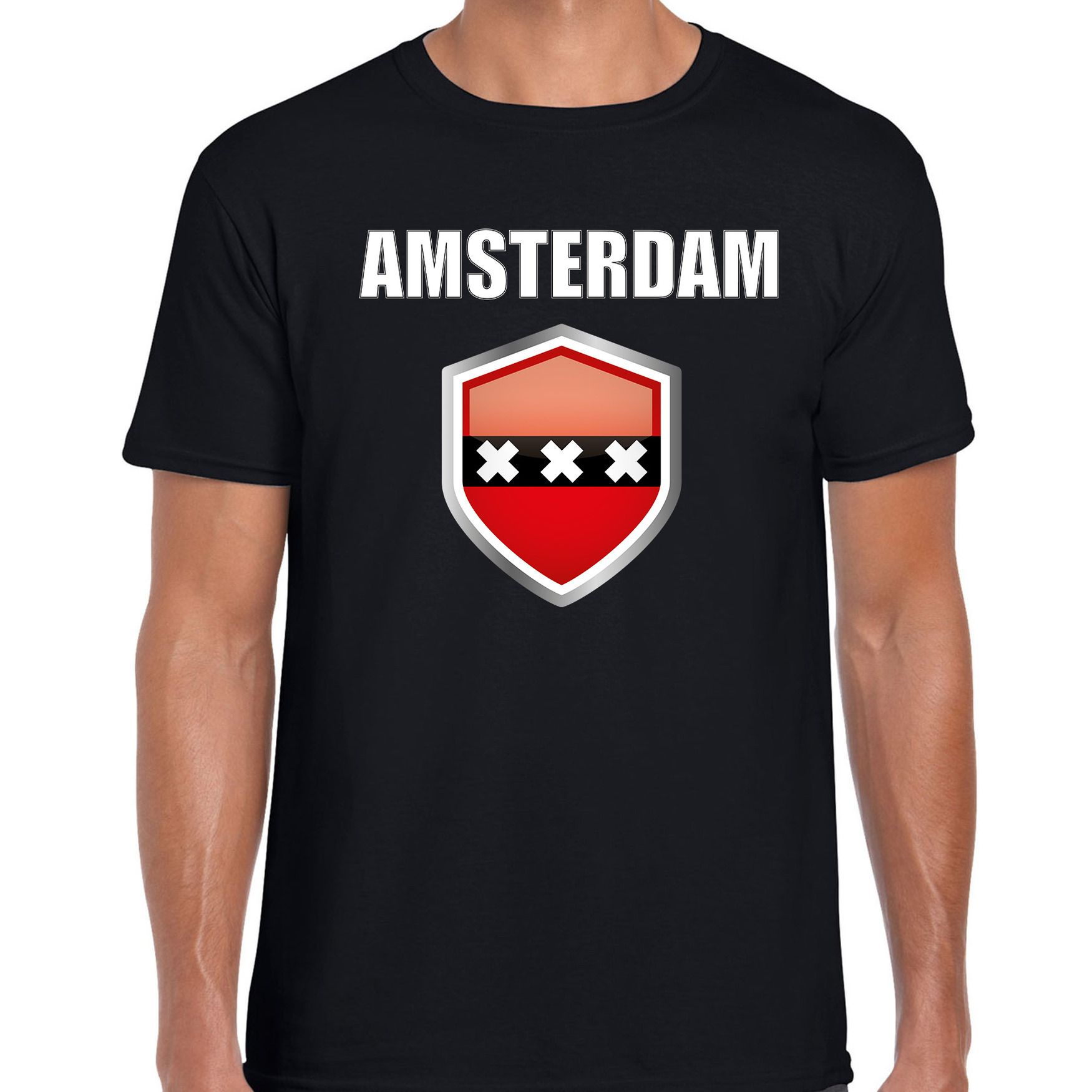 Amsterdam fun- supporter t-shirt heren met Amsterdamse vlag in vlaggenschild
