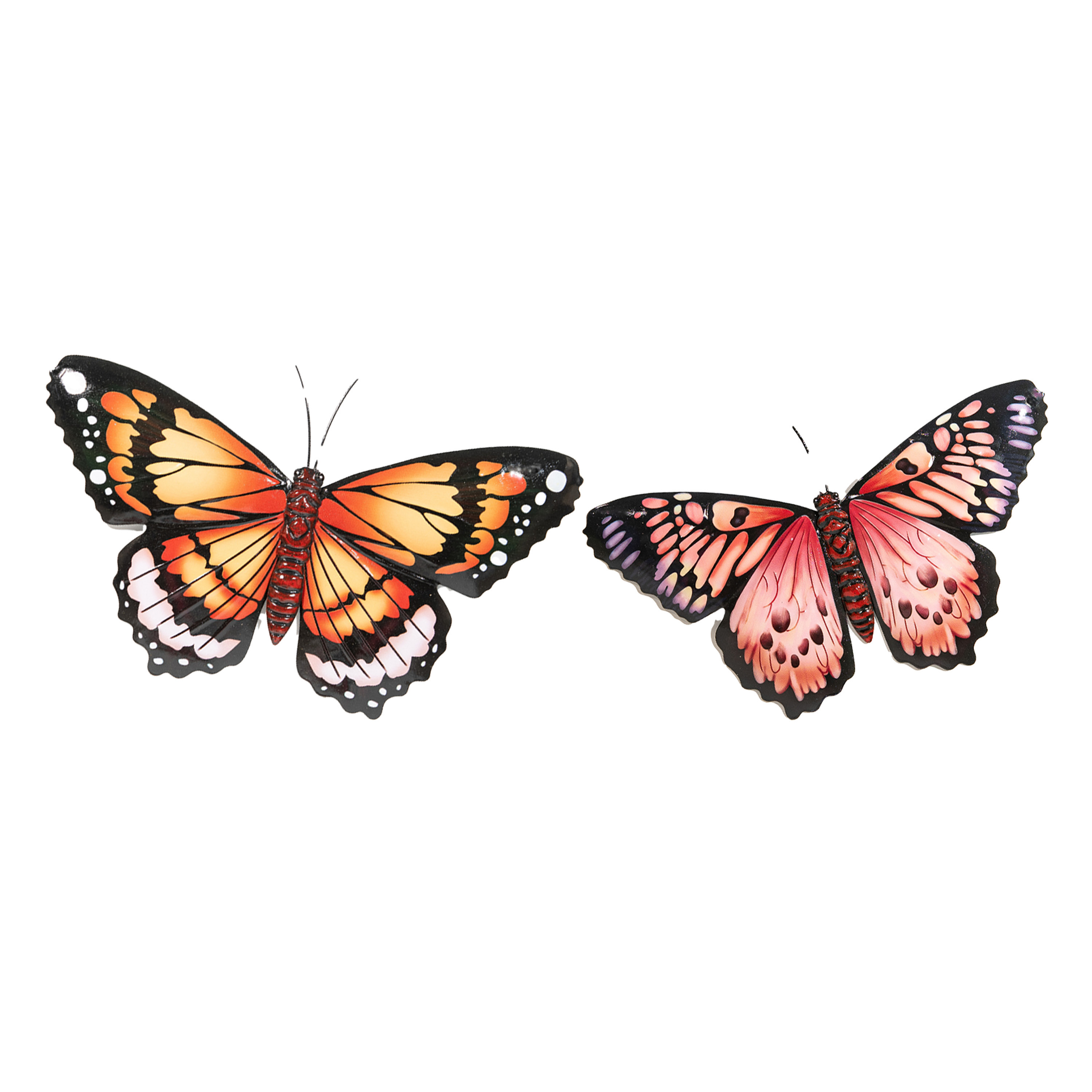 Anna Collection Wanddecoratie vlinders 2x oranje-rood 34 x 21 cm-45 x 28 metaal muurdeco