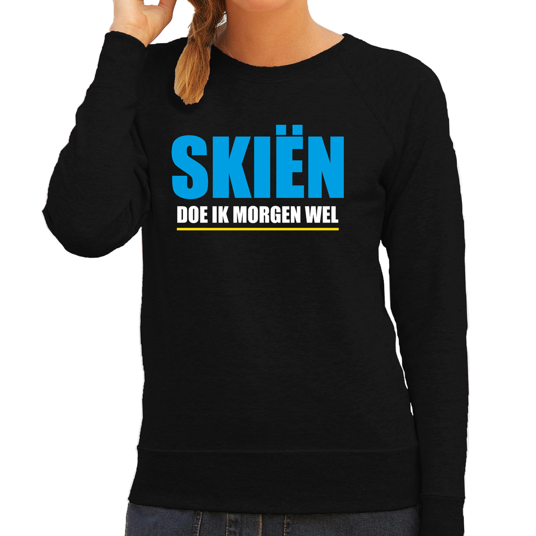 Apres ski trui Skien doe ik morgen wel zwart dames Wintersport sweater Foute apres ski outfit