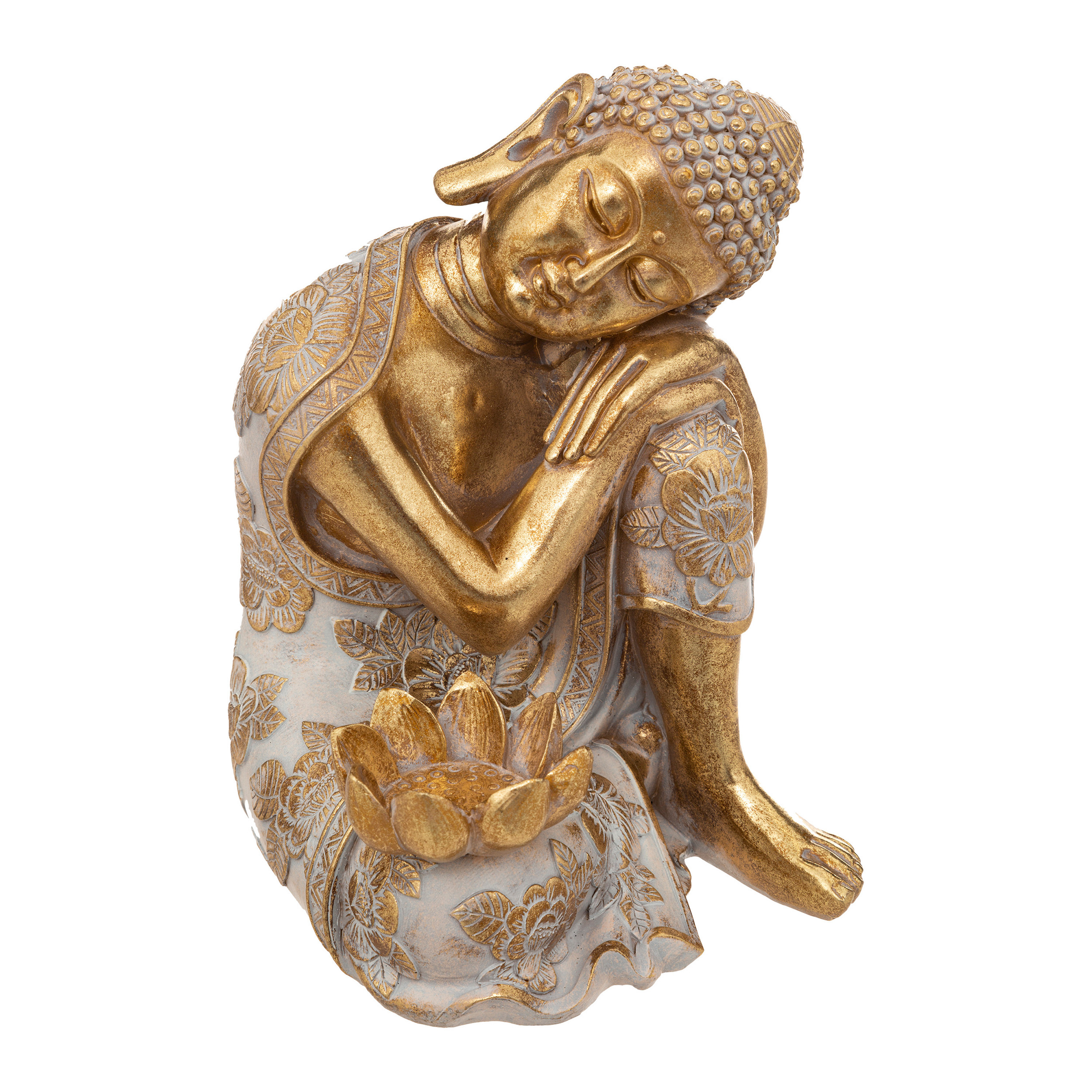 Atmosphera Boeddha beeldje zittend binnen-buiten polyresin goud-wit 23 cm