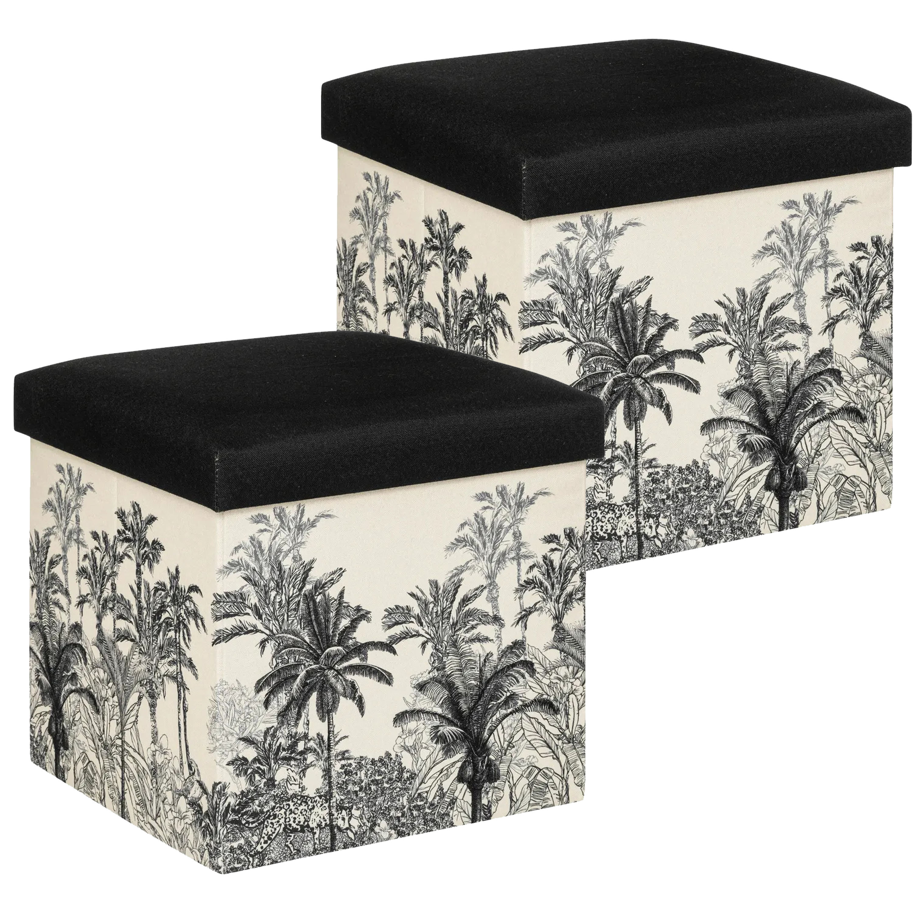 Atmosphera Poef-krukje-hocker Palmtrees 2x Opvouwbare opslag box creme wit-zwart D39 x H39 cm
