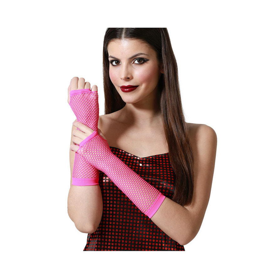 Atosa Carnaval verkleed handschoenen visnet stof fuchsia roze vingerloos dames elastiek