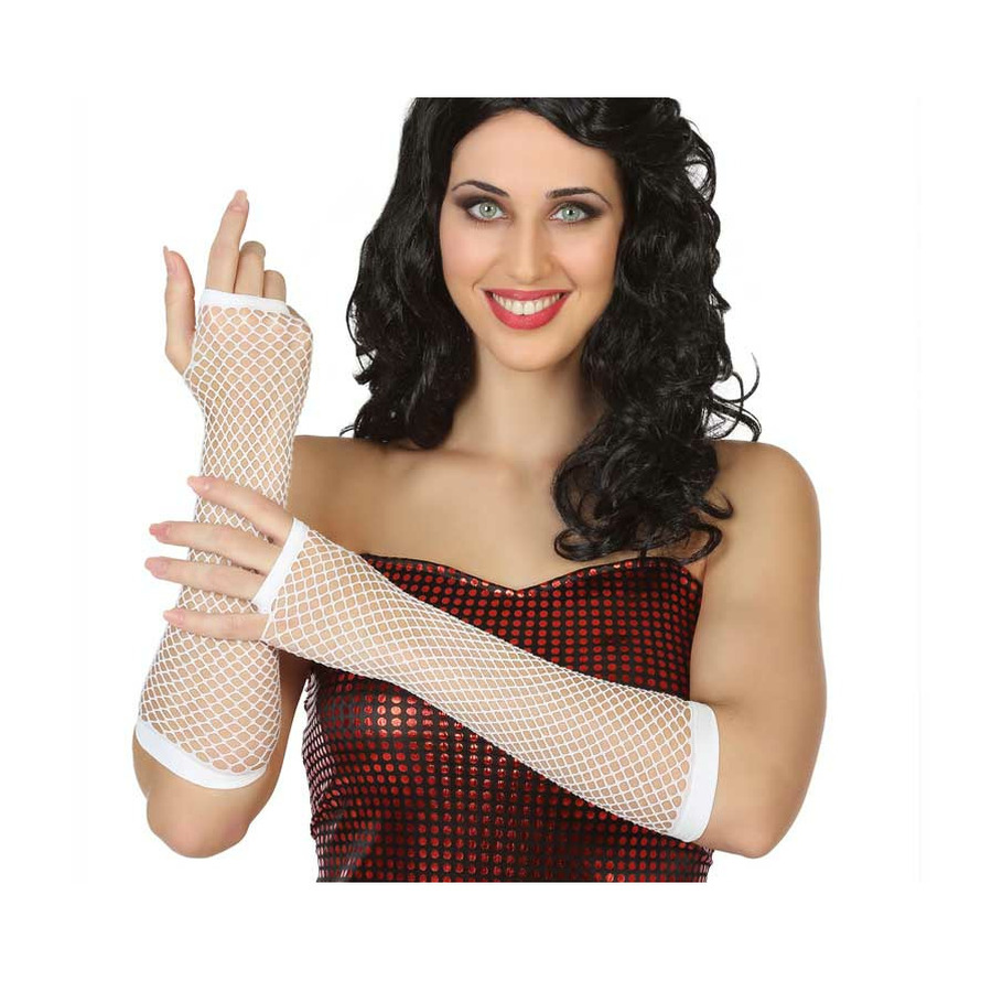 Atosa Carnaval verkleed handschoenen visnet stof wit vingerloos dames elastiek