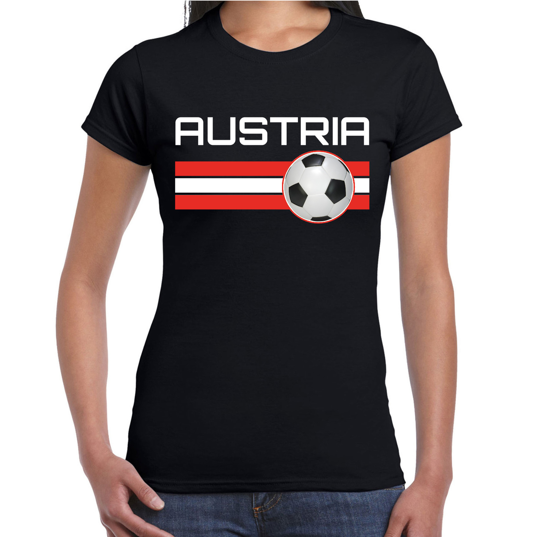 Austria-Oostenrijk voetbal-landen shirt met voetbal en Oostenrijkse vlag zwart voor dames