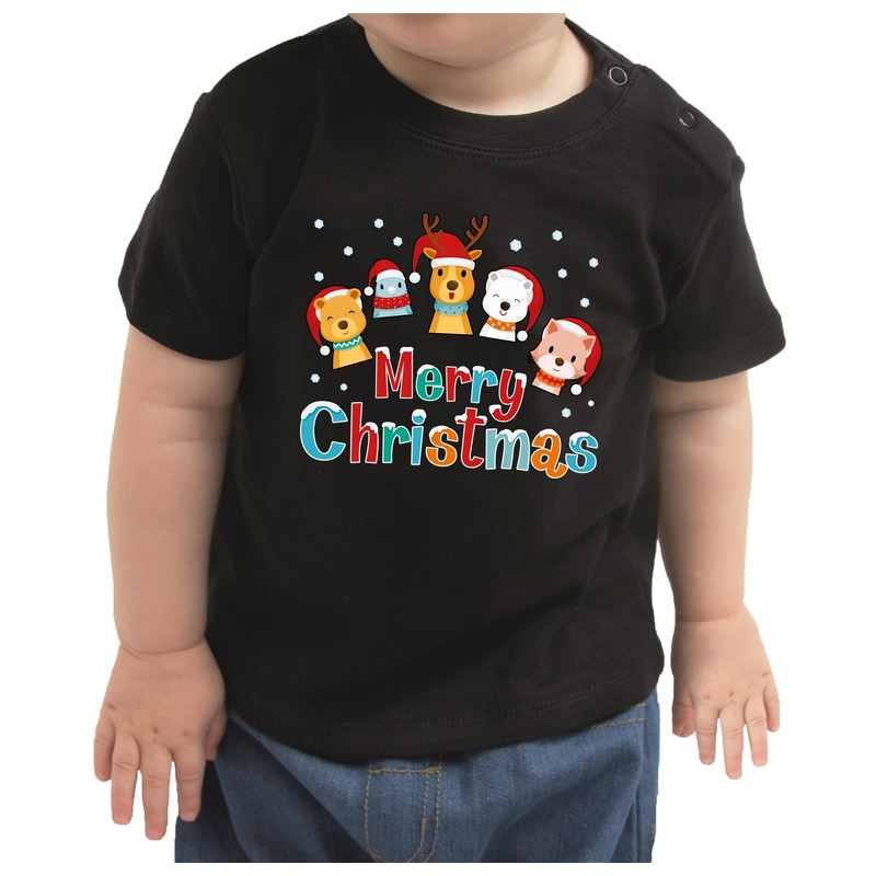 Baby kerst shirt dierenvriendjes Merry Christmas voor meisje-jongen zwart