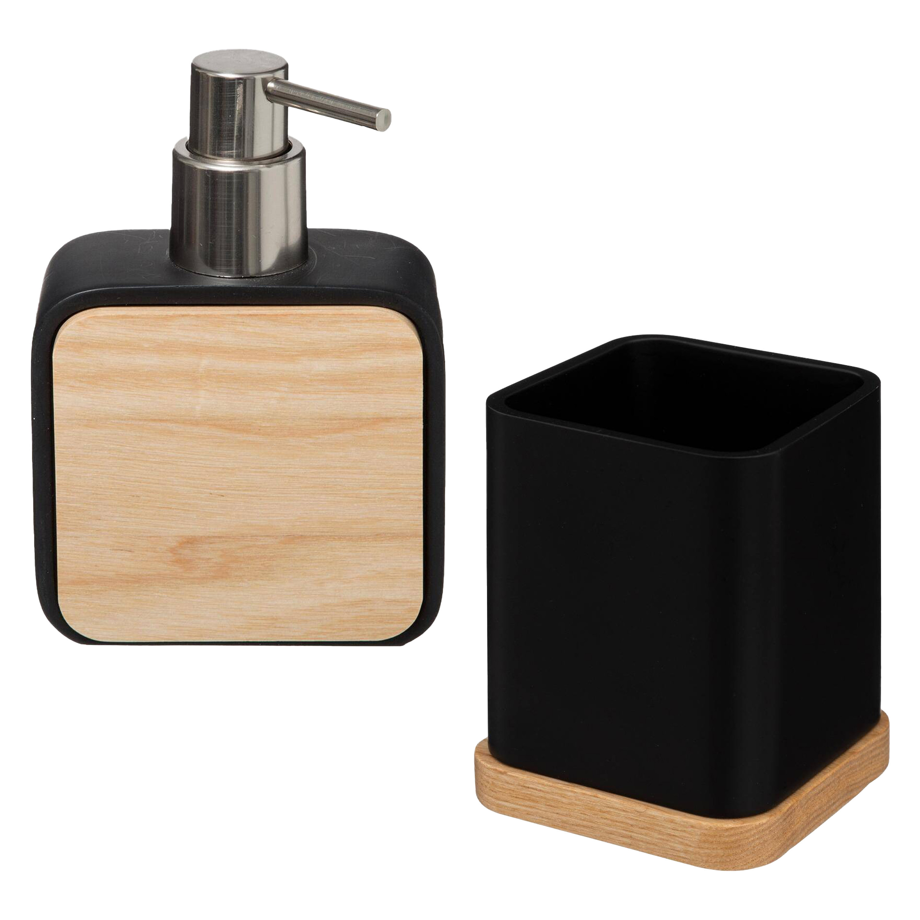 Badkamer-toilet accessoires set tandenborstelhouder en zeeppompje zwart bamboe 200 ml