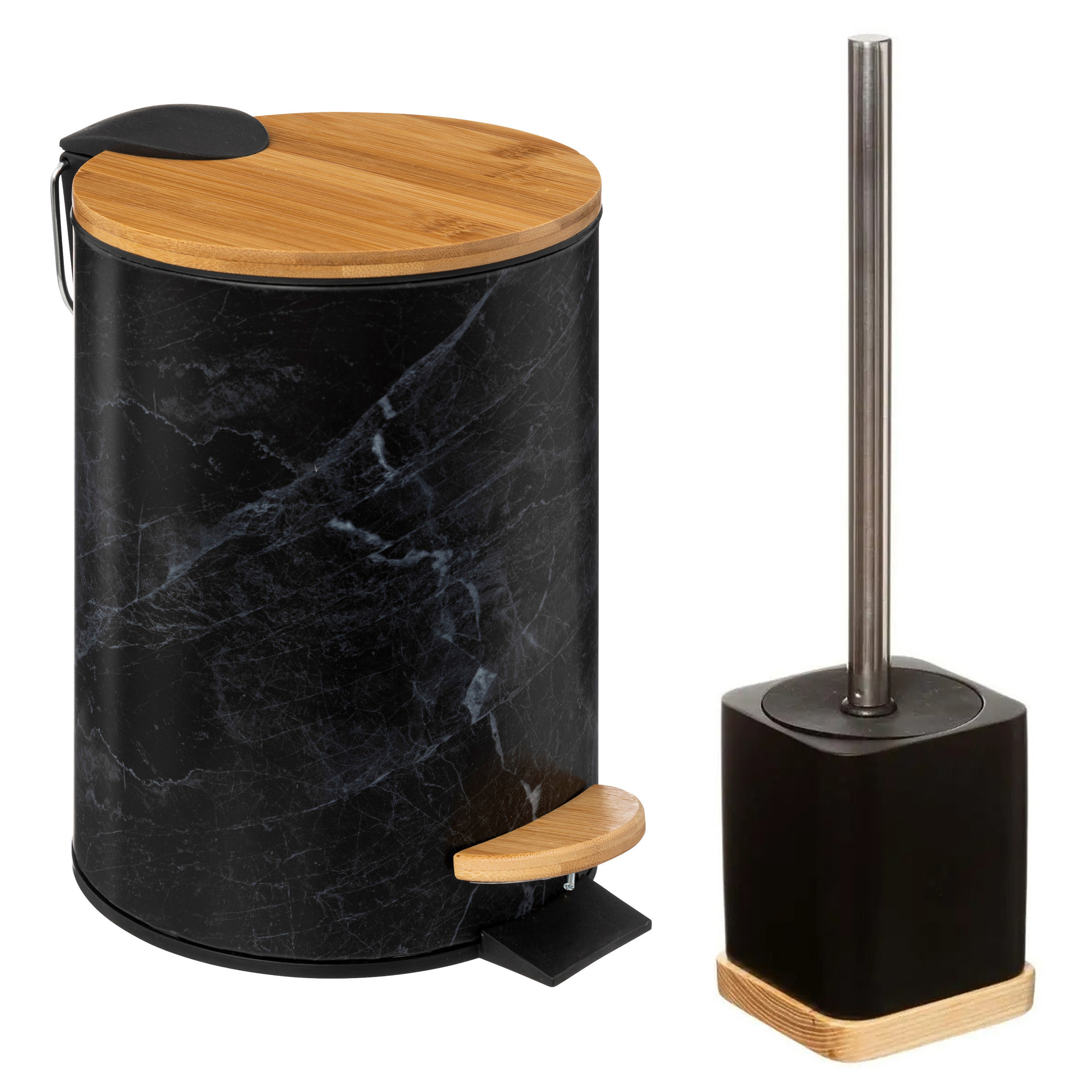 Badkamer-toilet accessoires set WC-borstel in houder en prullenbak zwart bamboe 3 liter