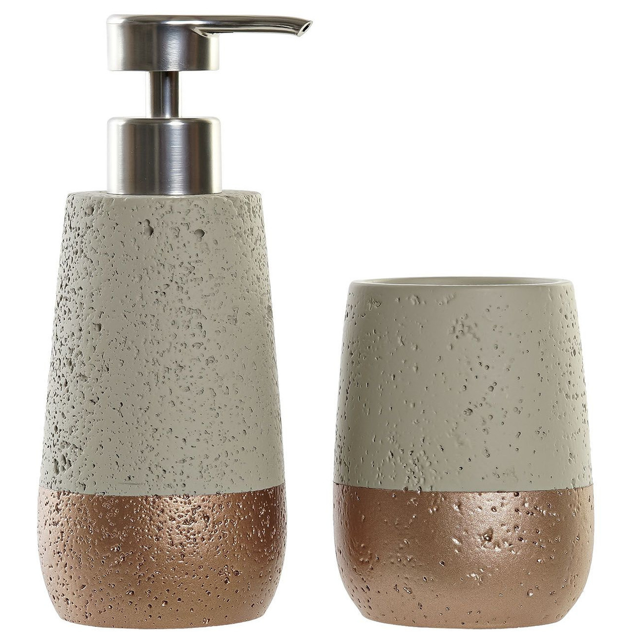 Badkamerset met zeeppompje en tandenborstel beker brons-creme polystone 19 cm