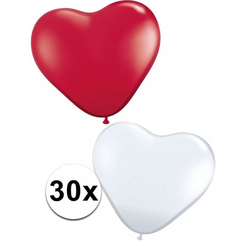 Ballonnen in de vorm van rode en witte hartjes 30 st