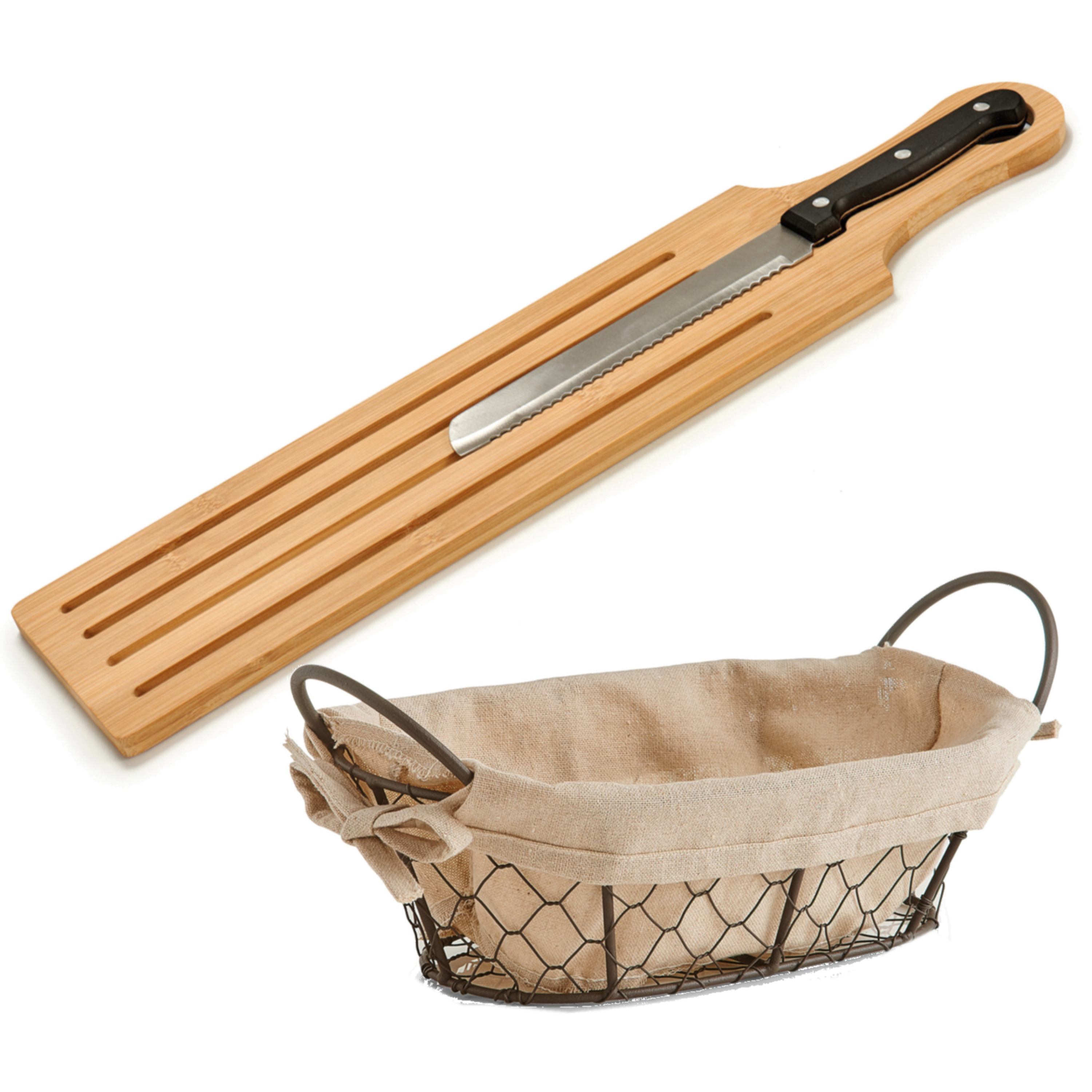 Bamboe houten broodplank-snijplank-serveerplank met broodmes 50 x 10 cm en broodmandje van 26 x 17 c
