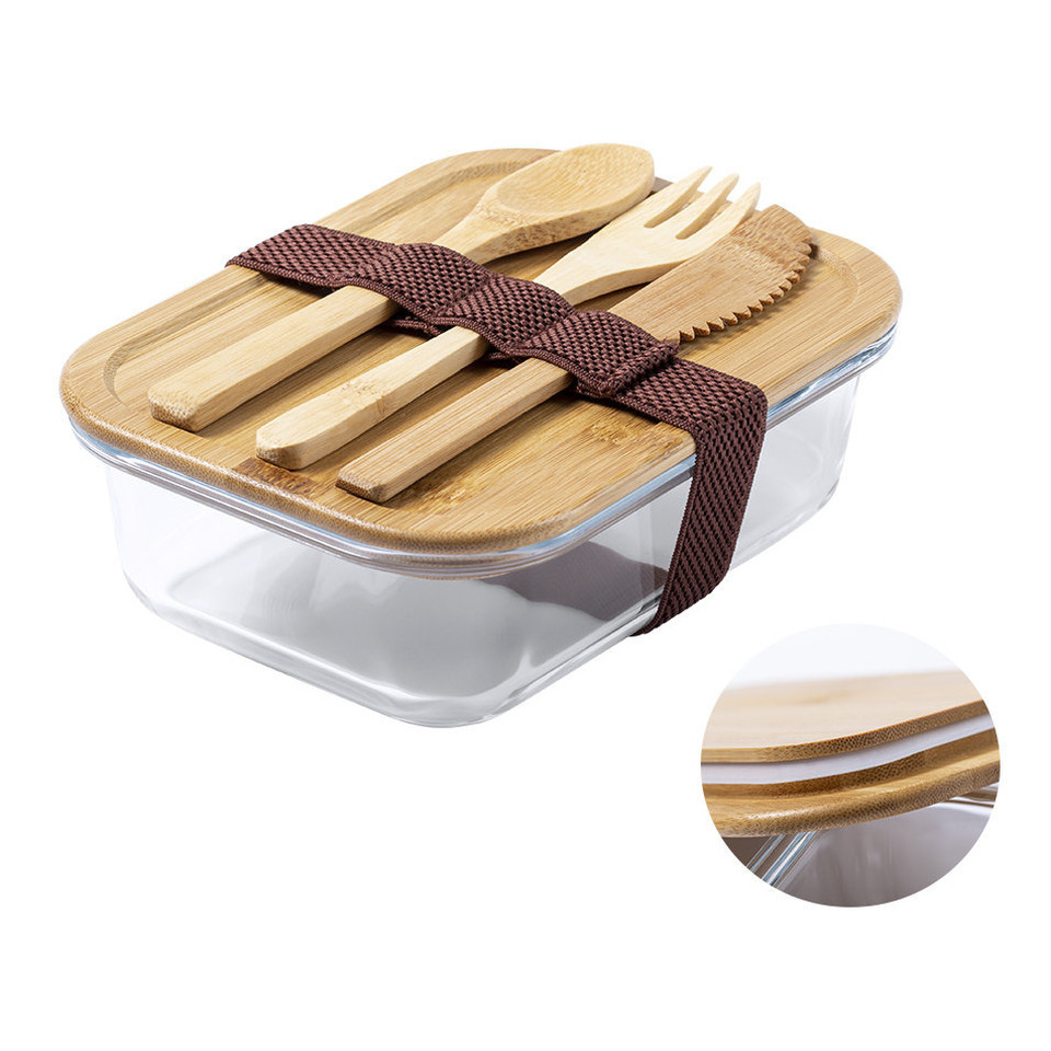 Bamboevezel lunchbox-broodtrommel met bestek 17 x 13 x 7 cm