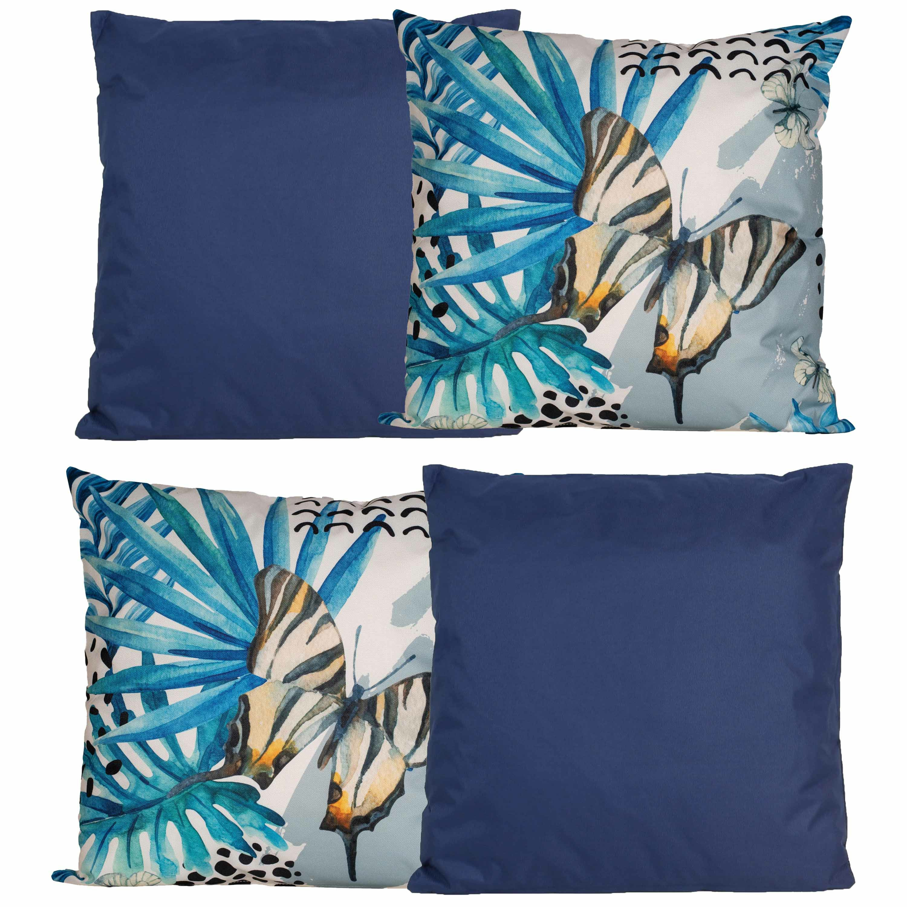 Bank-tuin kussens set voor binnen-buiten 4x stuks donkerblauw-tropical print 45 x 45 cm