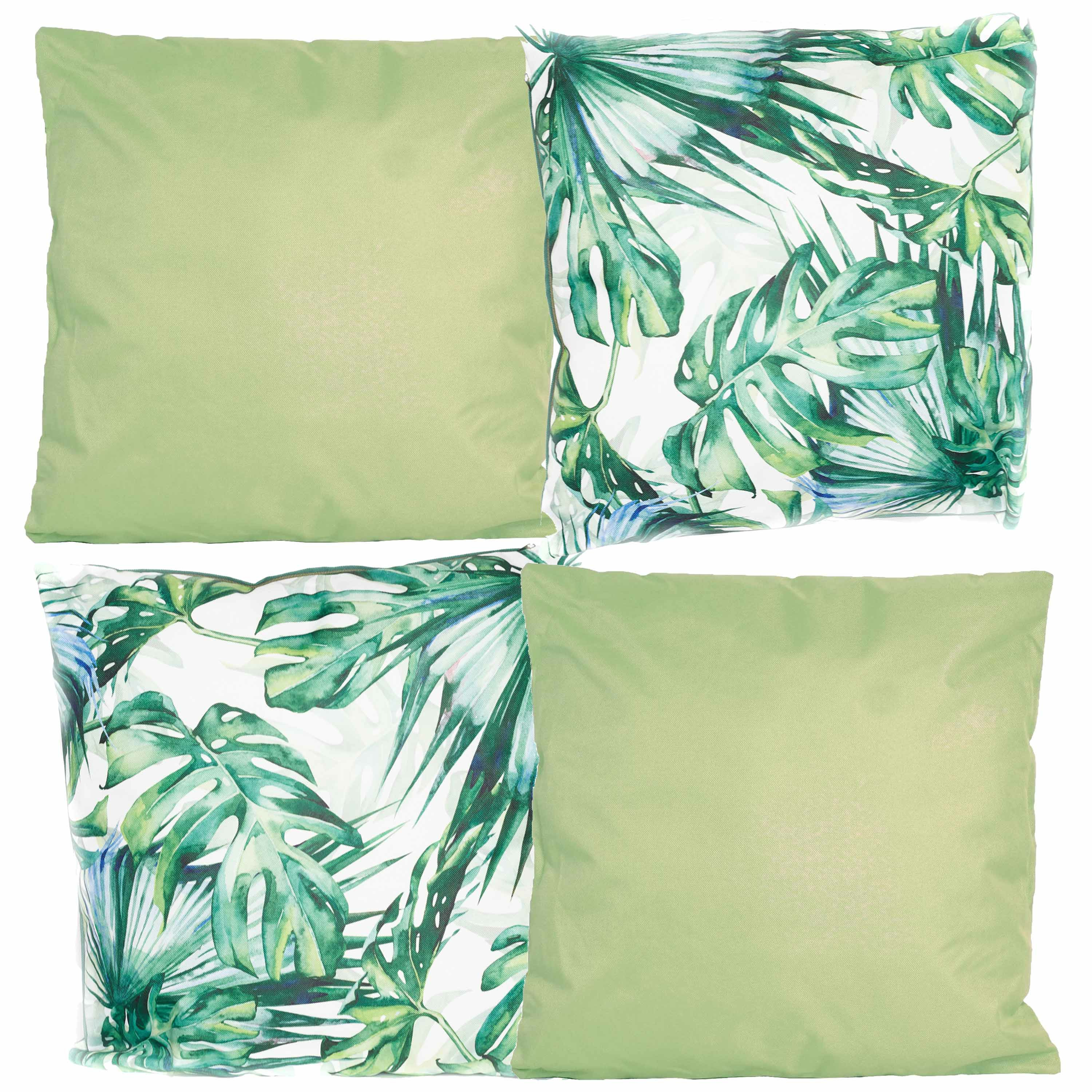Bank-tuin kussens set voor binnen-buiten 4x stuks lichtgroen-palm print 45 x 45 cm
