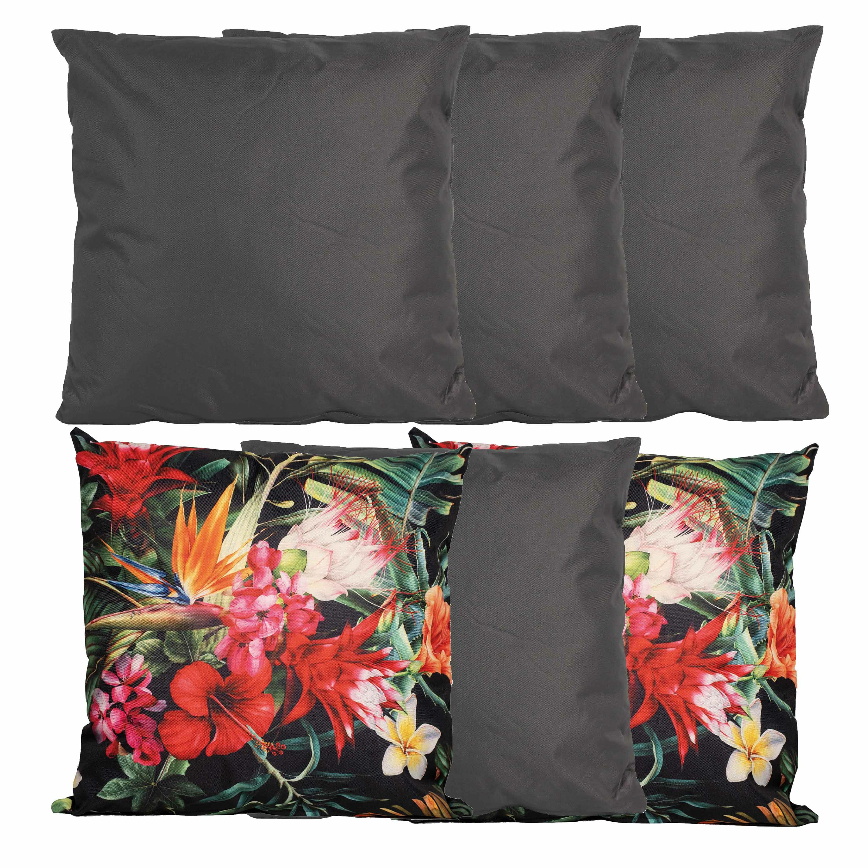 Bank-tuin kussens set voor binnen-buiten 6x stuks antraciet-tropical print 45 x 45 cm