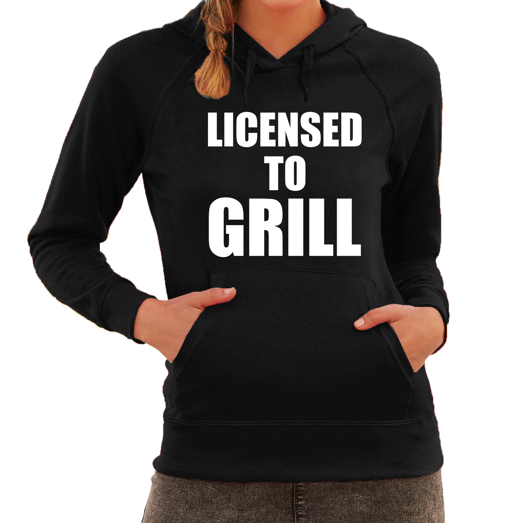 Barbecue cadeau hoodie Licensed to grill zwart voor dames bbq hooded sweater