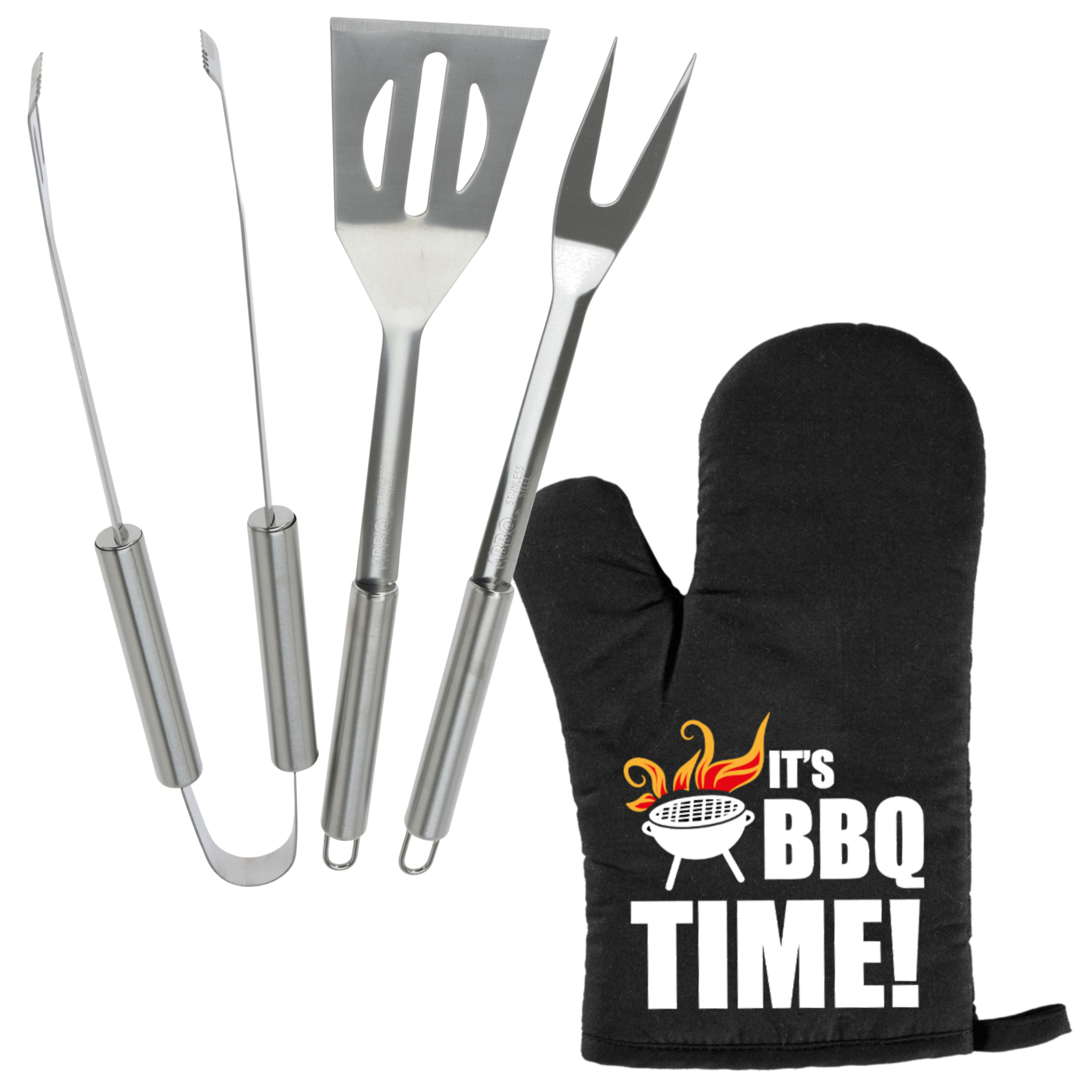 BBQ-barbecue gereedschap set 3-delig RVS met BBQ handschoen It's BBQ Time!